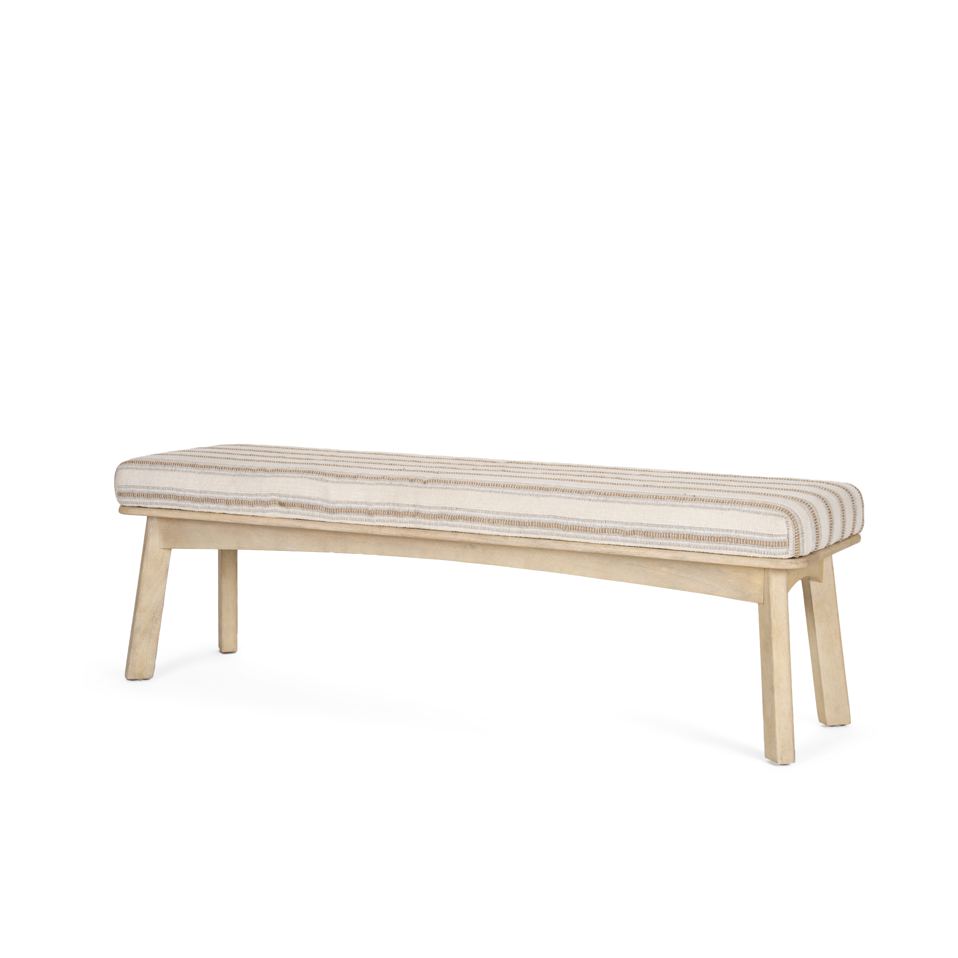 taimo white washed light brown wood w/ striped fabric seat bench