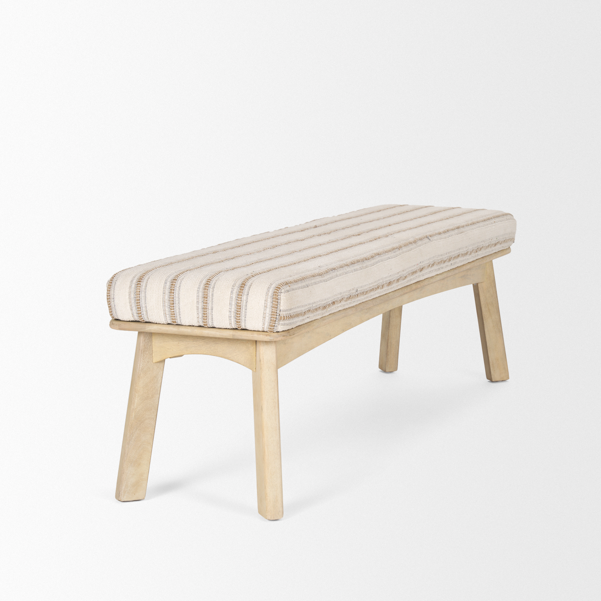 taimo white washed light brown wood w/ striped fabric seat bench