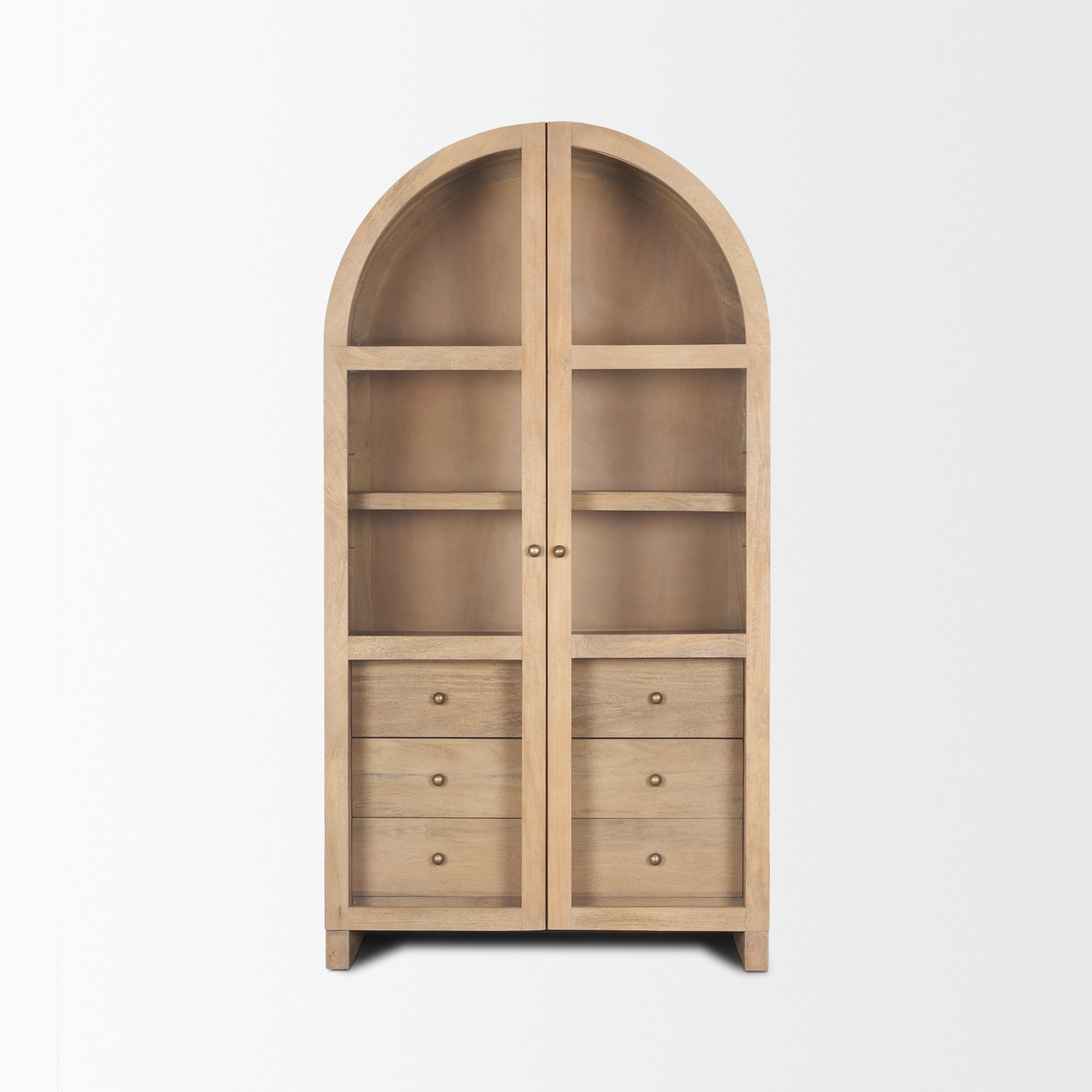 suri light brown wood w/glass doors arched curio cabinet