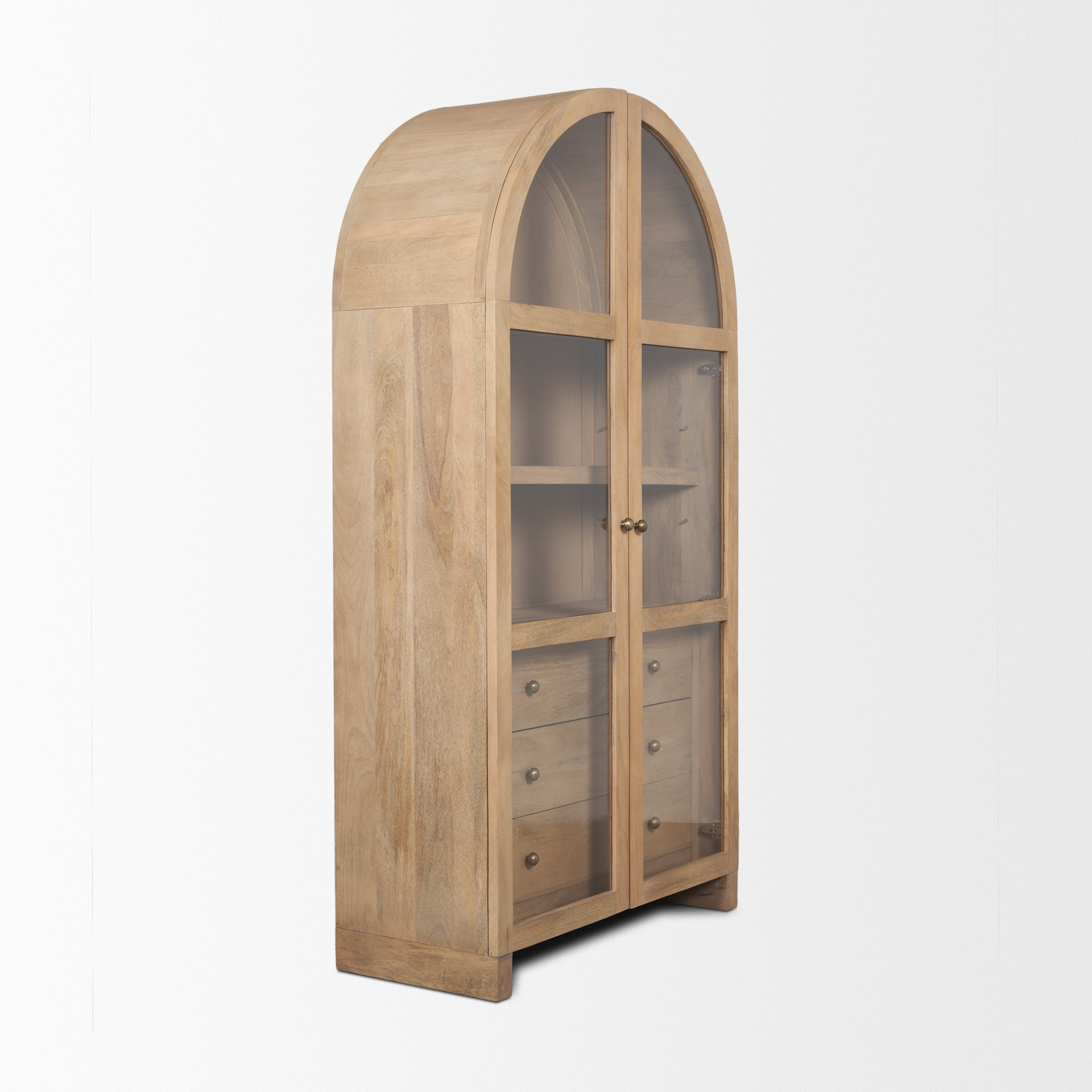 suri light brown wood w/glass doors arched curio cabinet