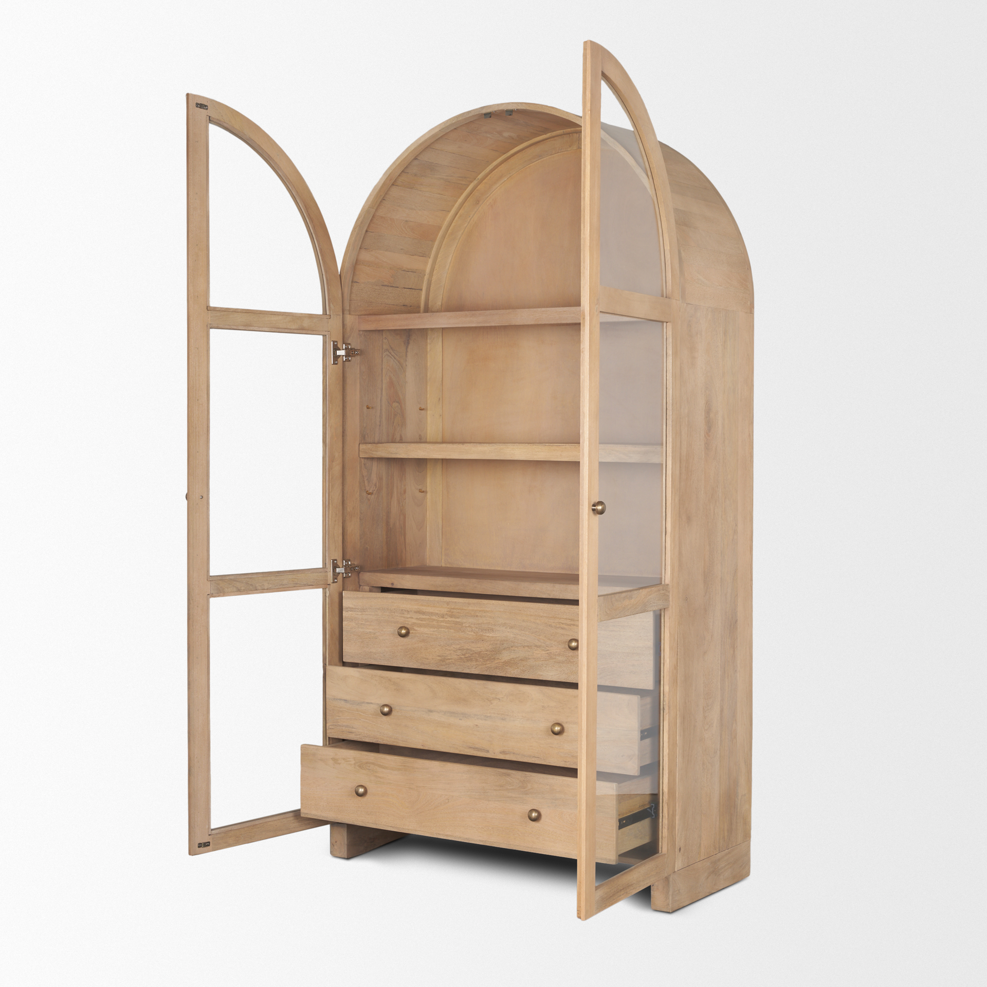 suri light brown wood w/glass doors arched curio cabinet