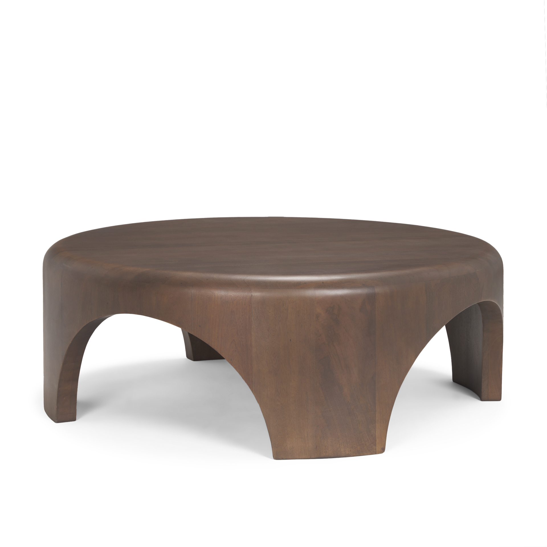 shima round dark brown wood w/arched legs coffee table