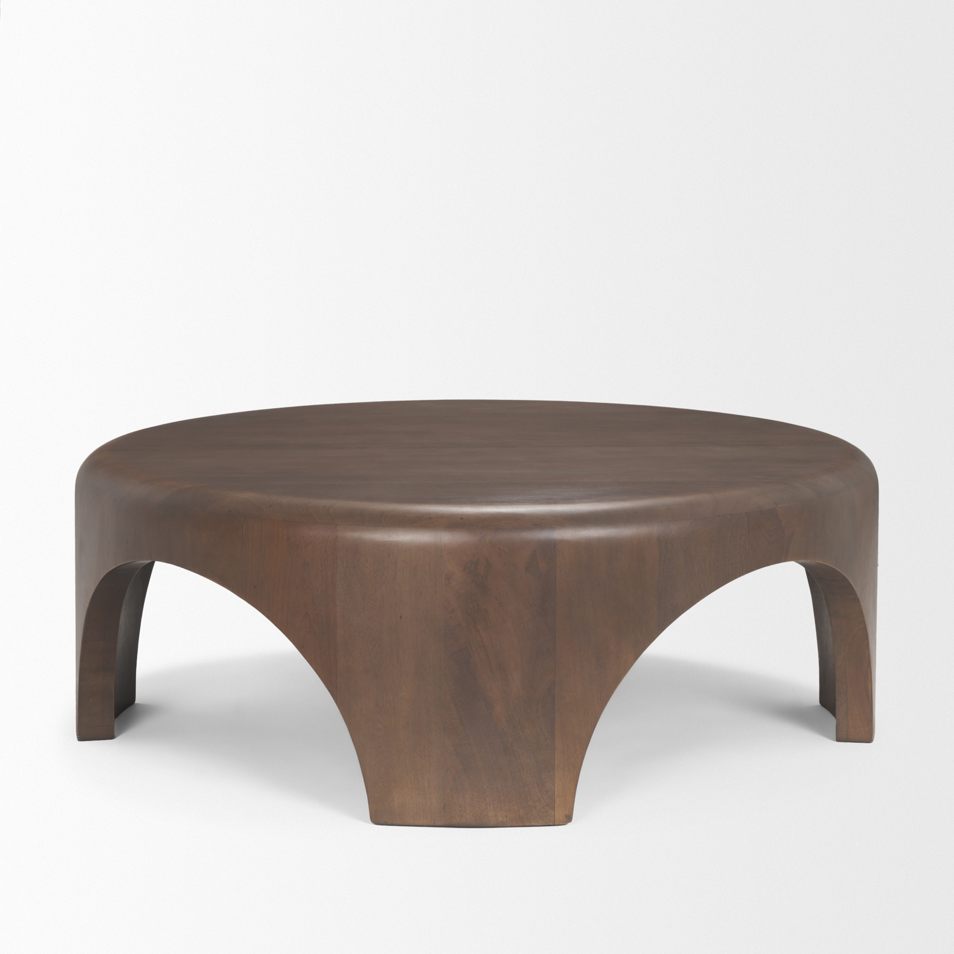 shima round dark brown wood w/arched legs coffee table