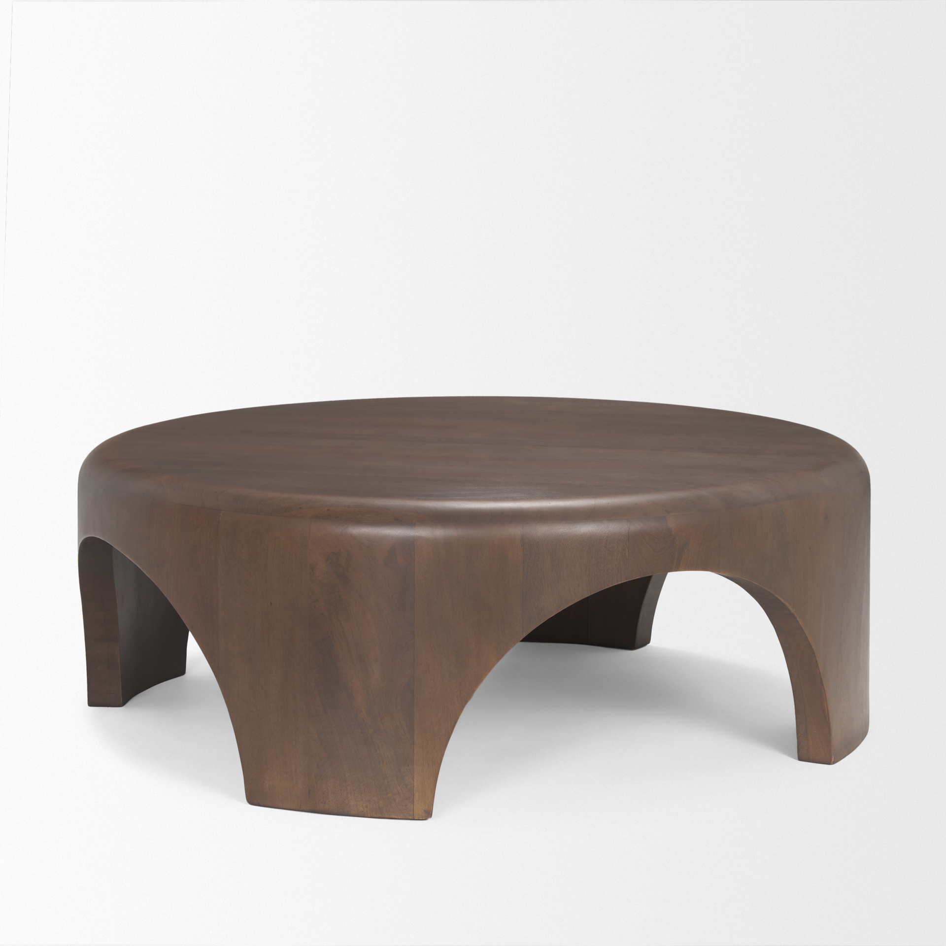 shima round dark brown wood w/arched legs coffee table