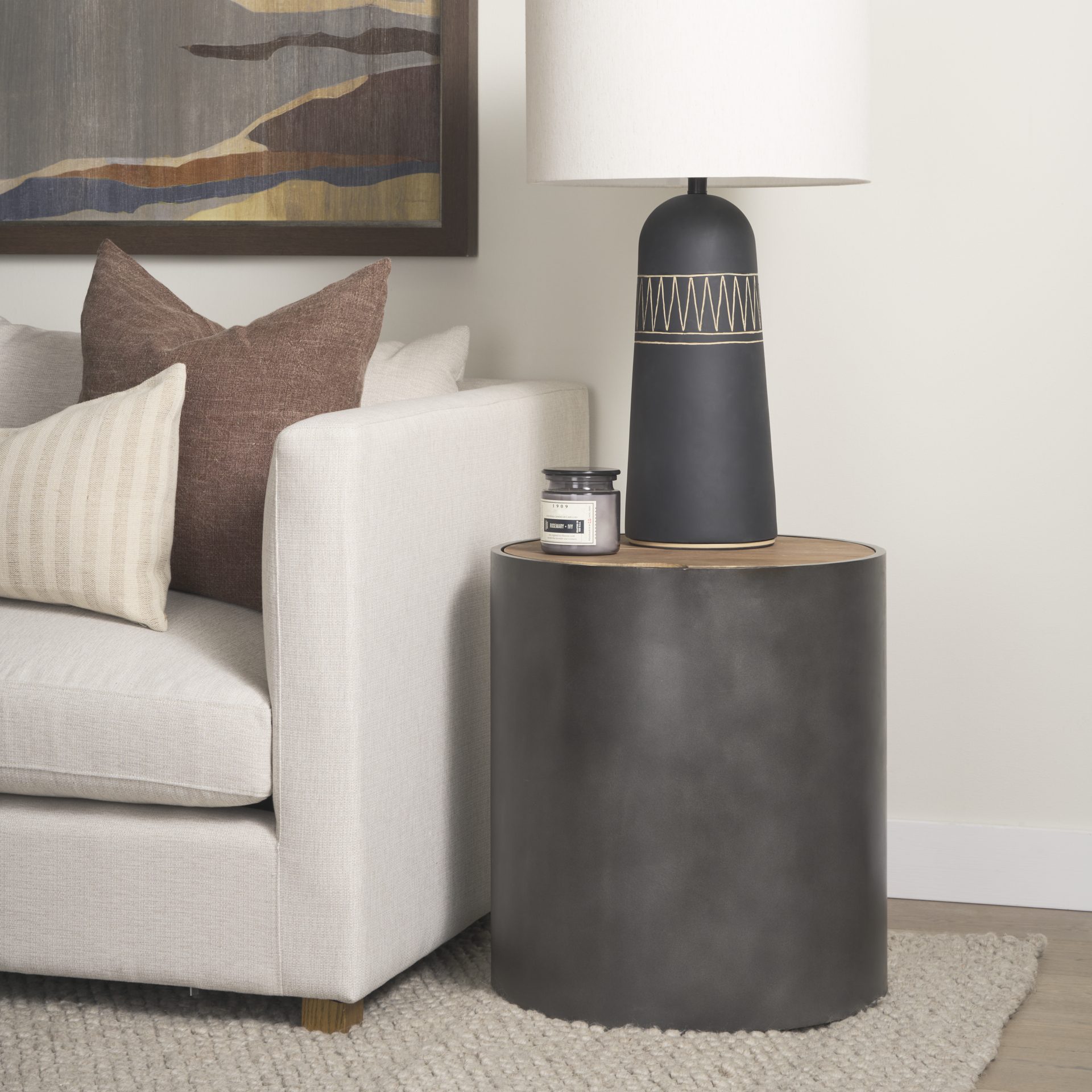 eclipse gunmetal gray drum base w/ brown wood top end/side table