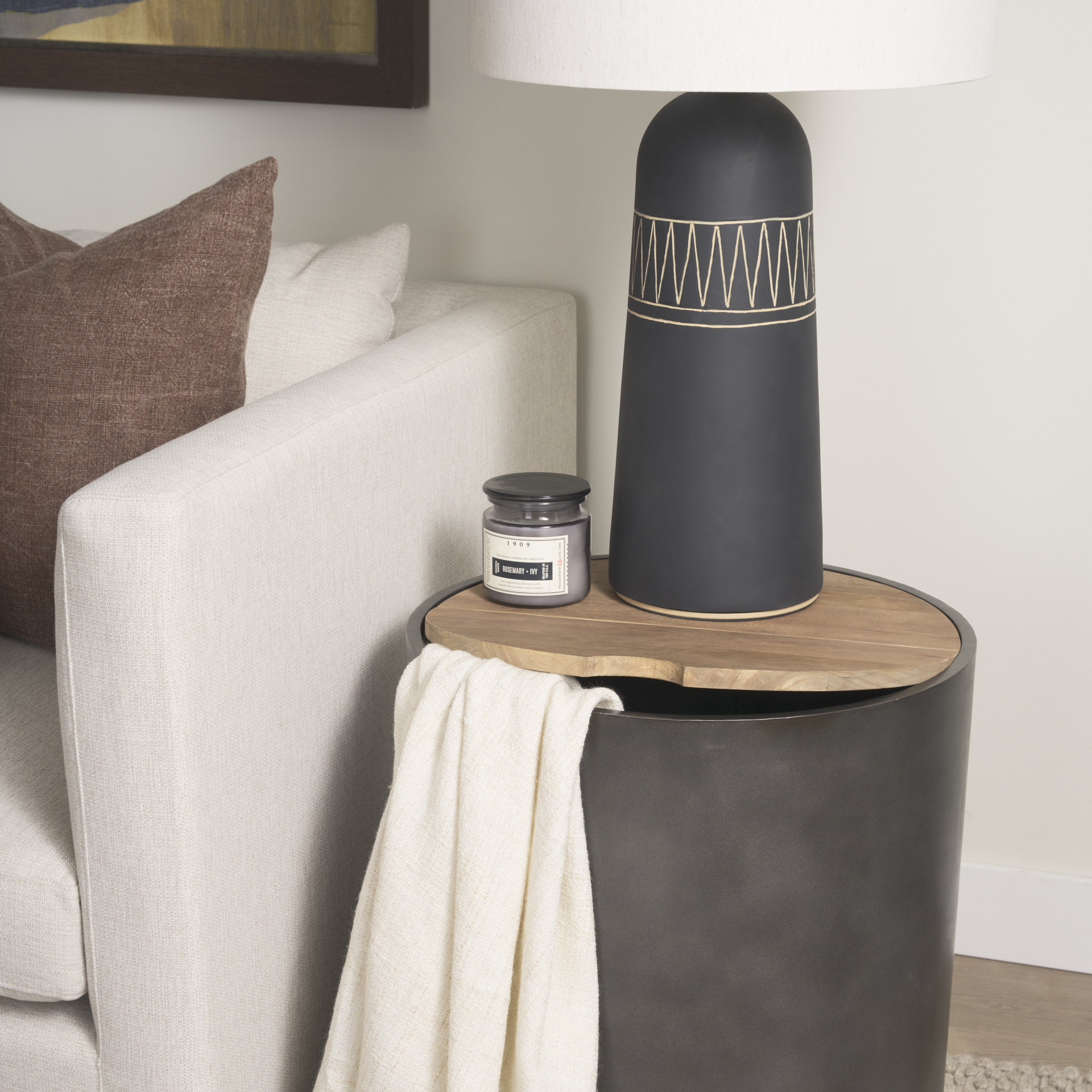 eclipse gunmetal gray drum base w/ brown wood top end/side table