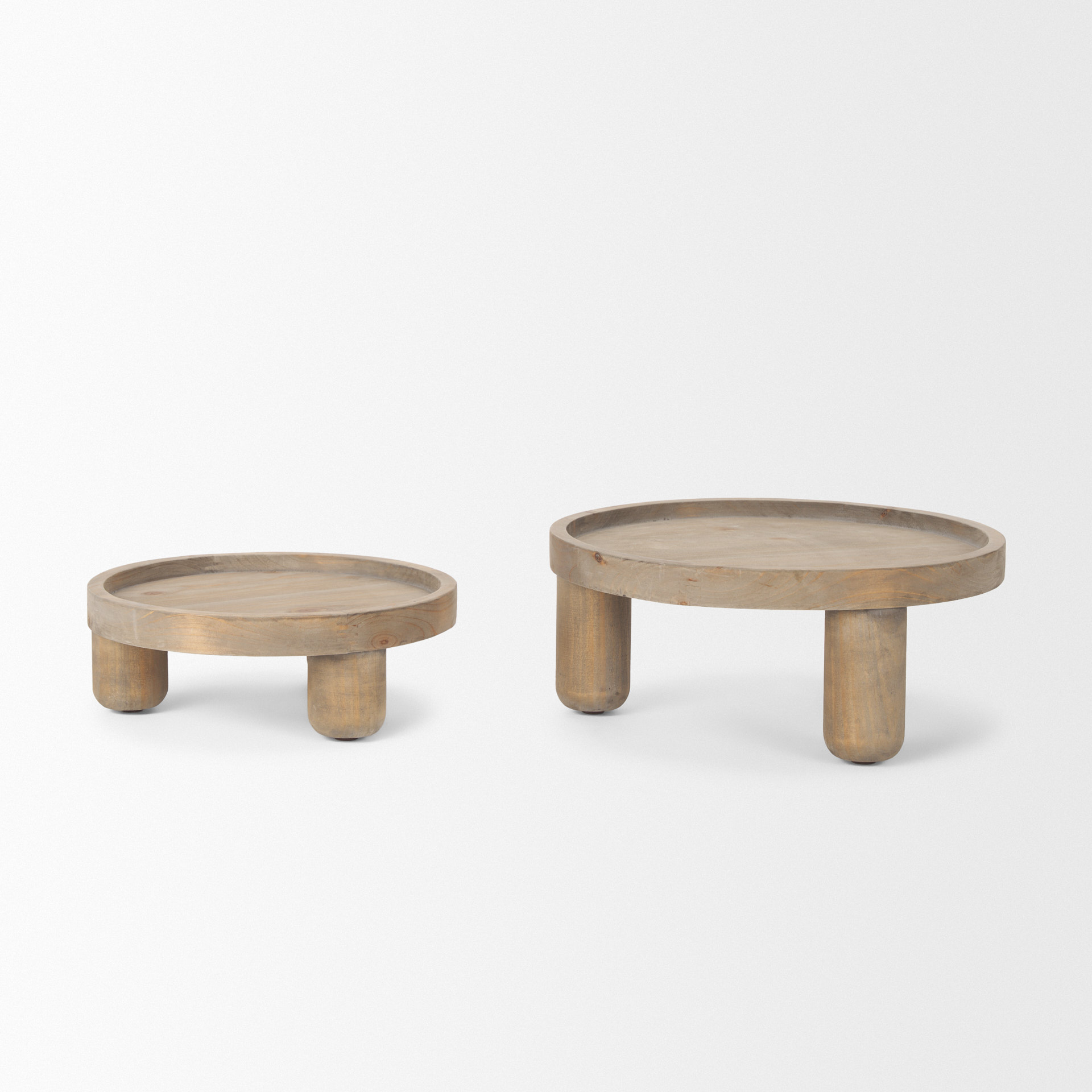 virve round light brown wood w/ gray wash wooden trays