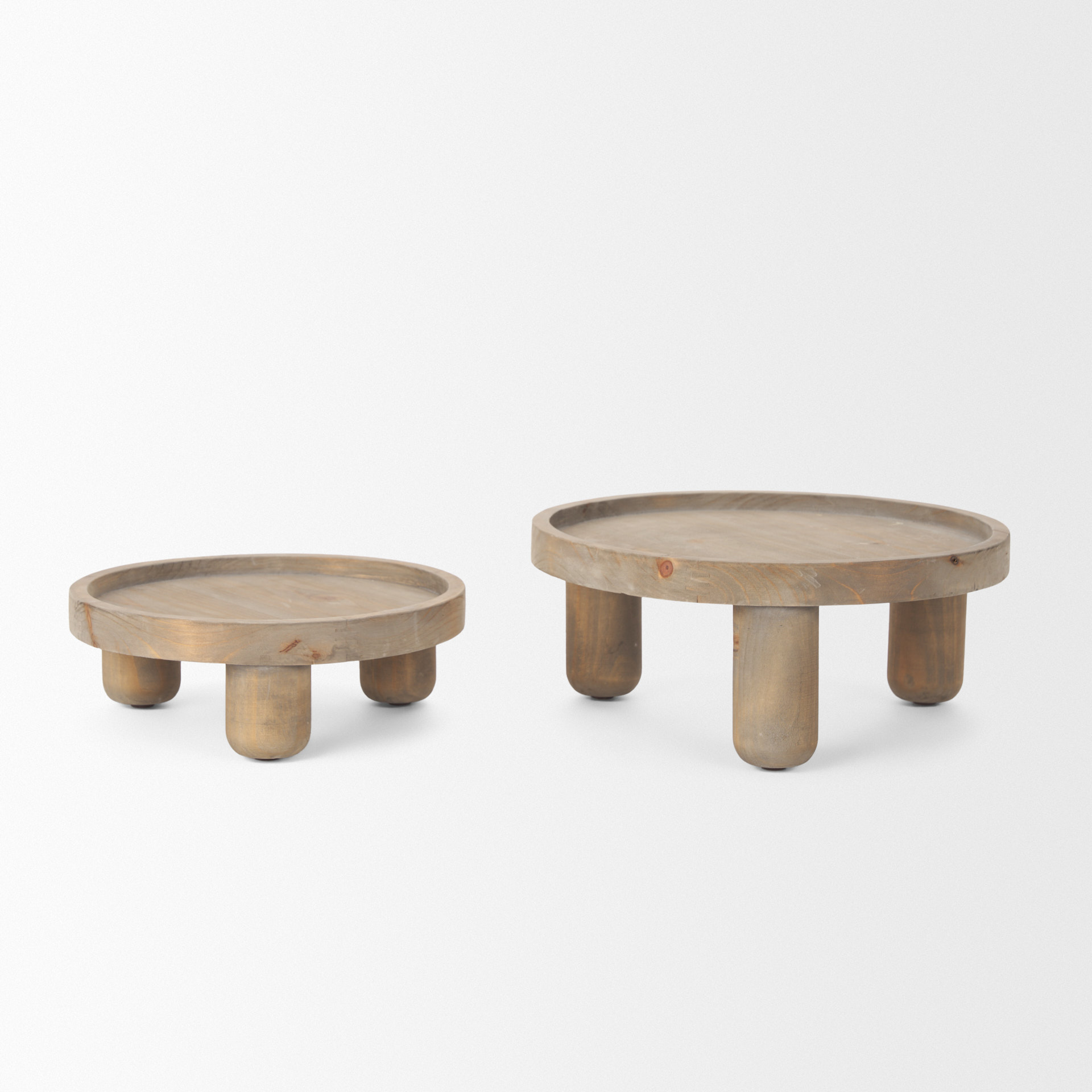virve round light brown wood w/ gray wash wooden trays