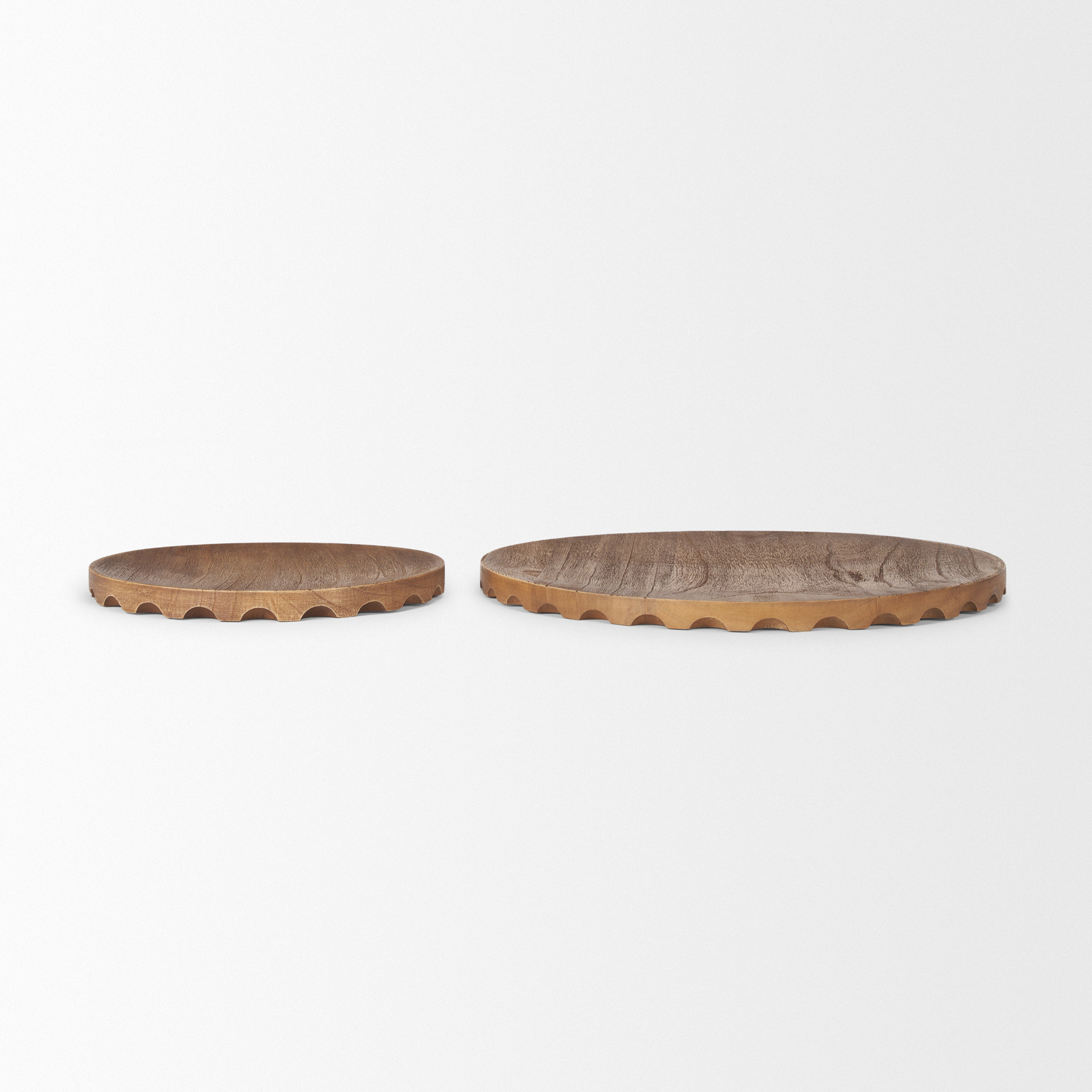 waverly round light brown wood scalloped edged trays