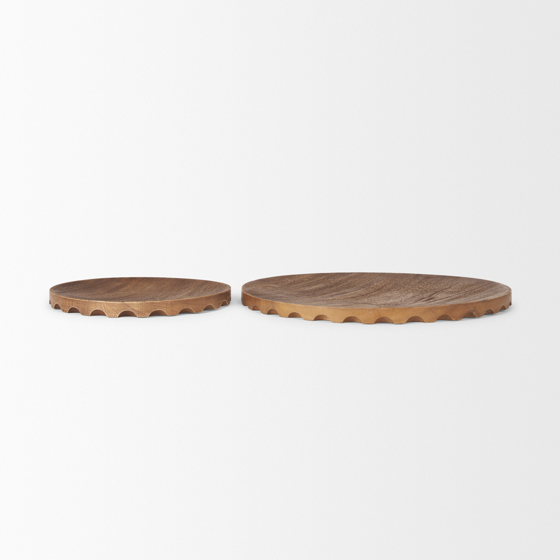 waverly round light brown wood scalloped edged trays