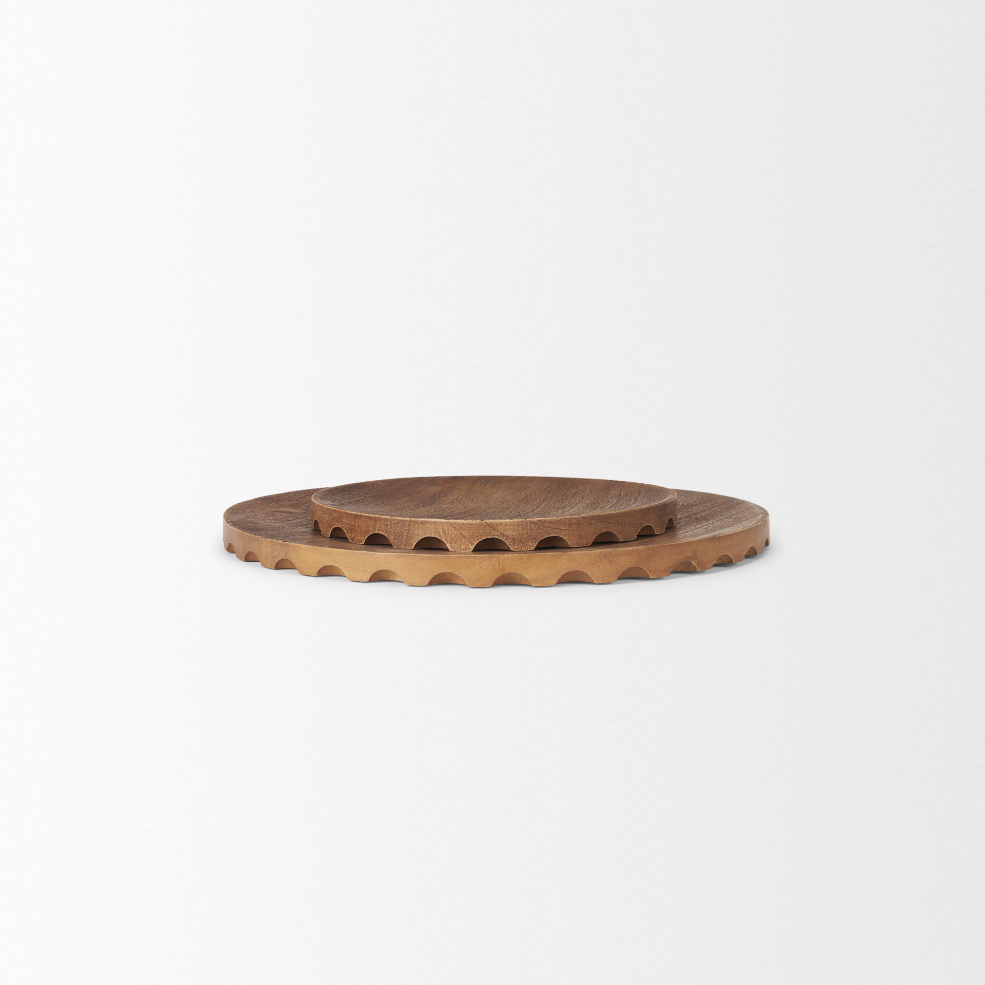 waverly round light brown wood scalloped edged trays