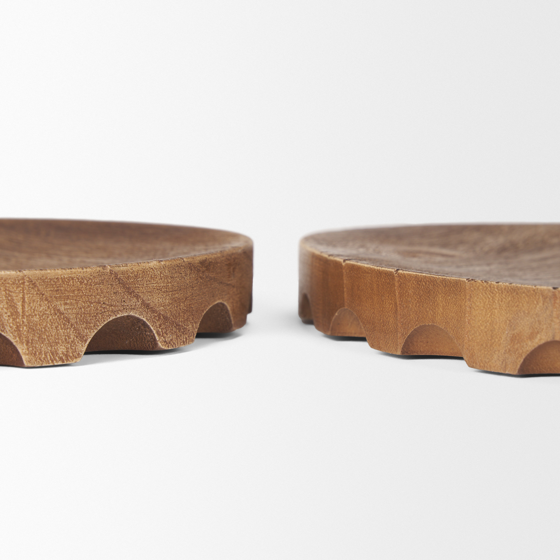 waverly round light brown wood scalloped edged trays