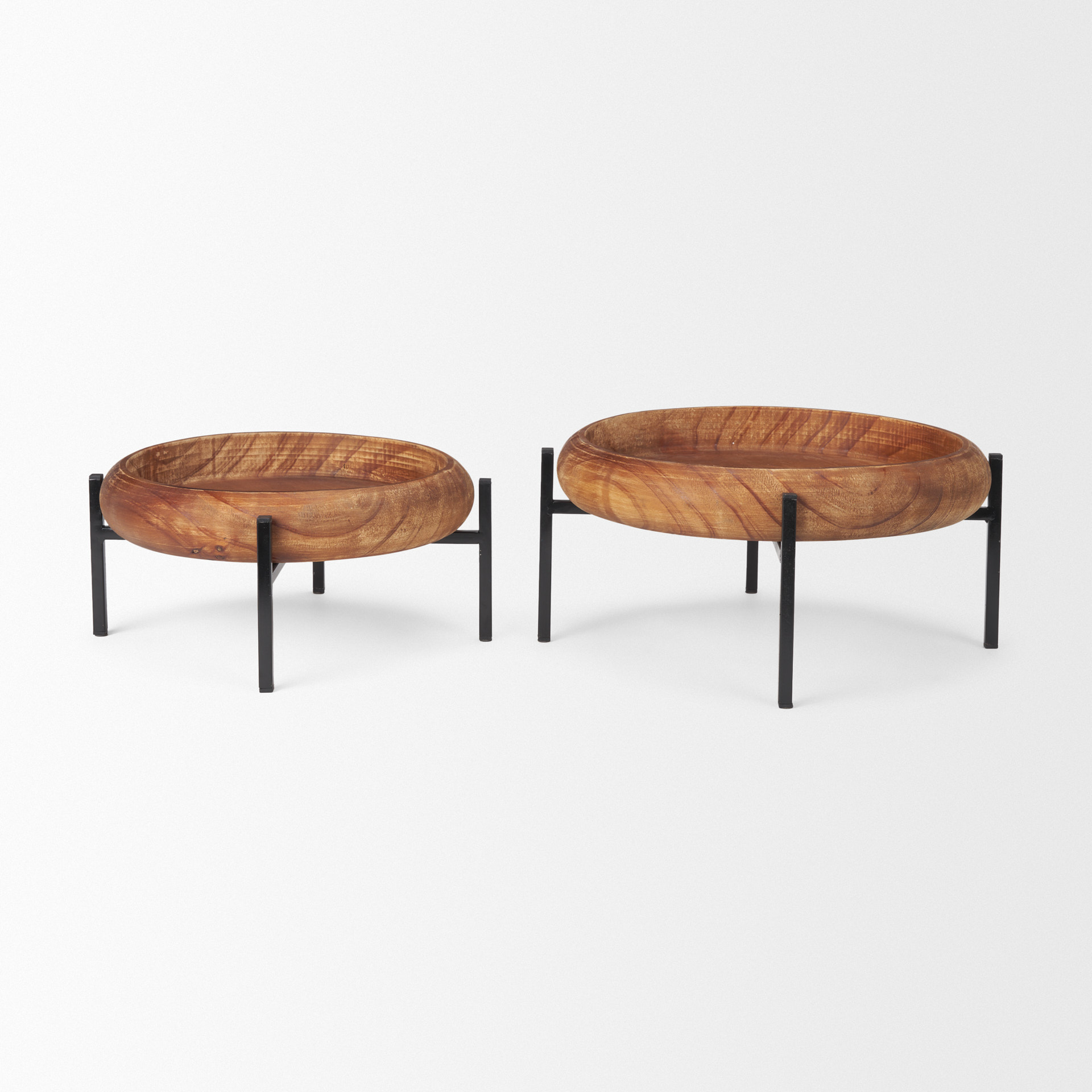wally round medium brown wood w/ matte black metal stand trays