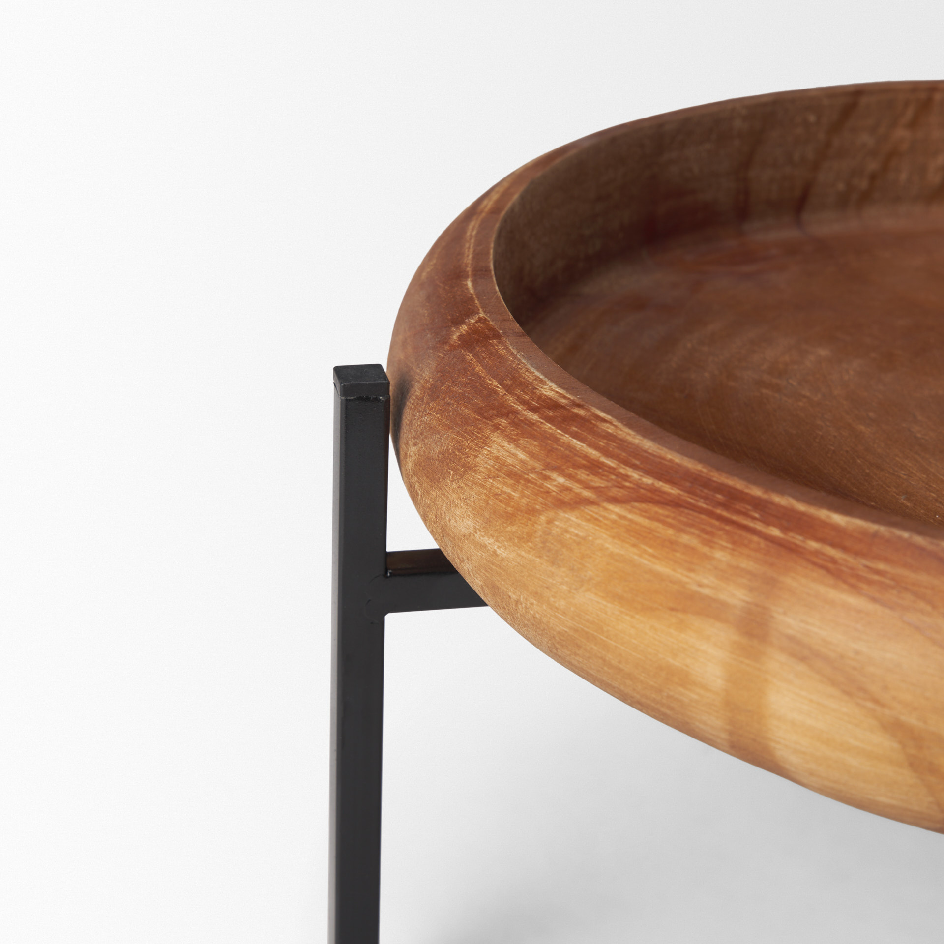 wally round medium brown wood w/ matte black metal stand trays