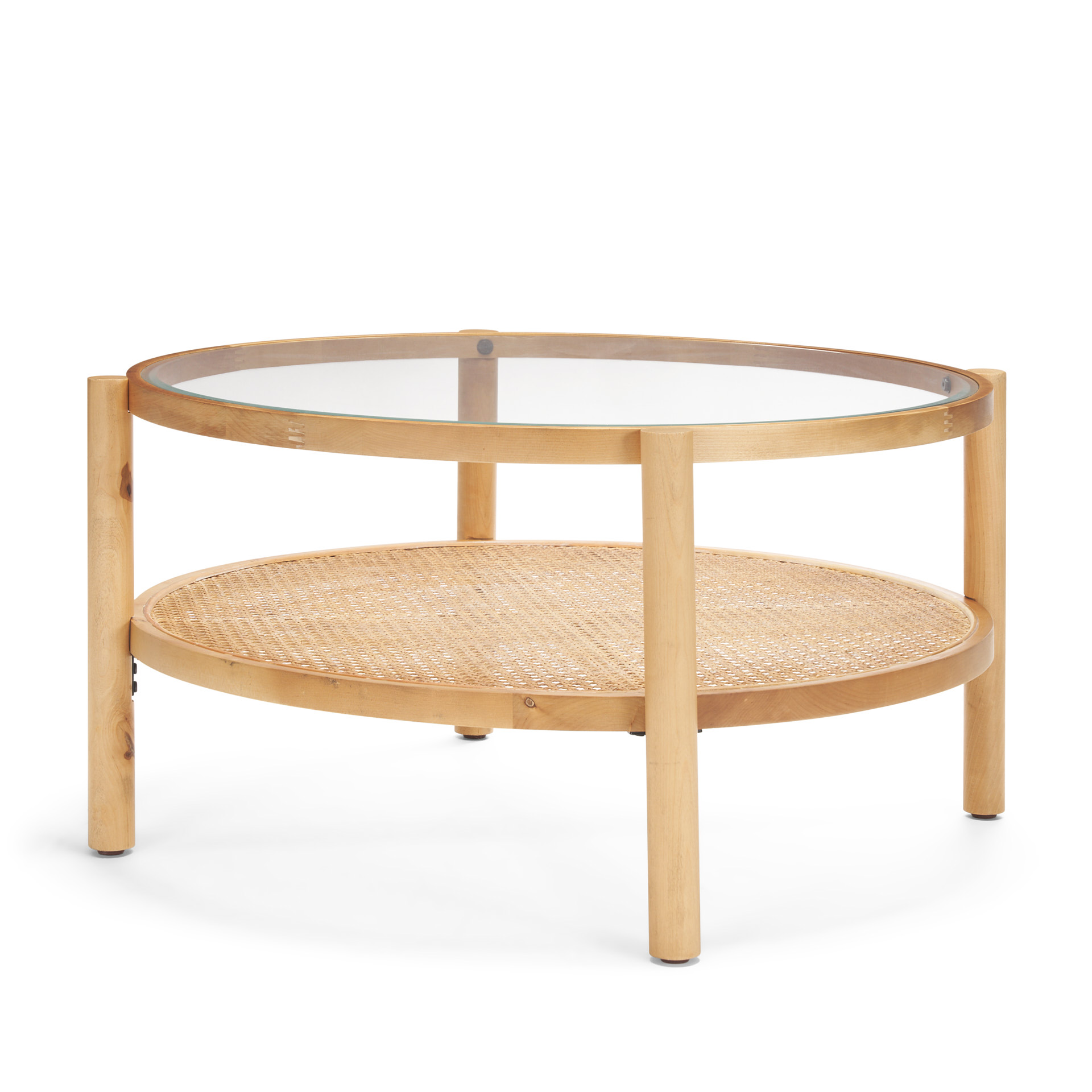 weslyn solid light brown wood and glass top w/ cane coffee table