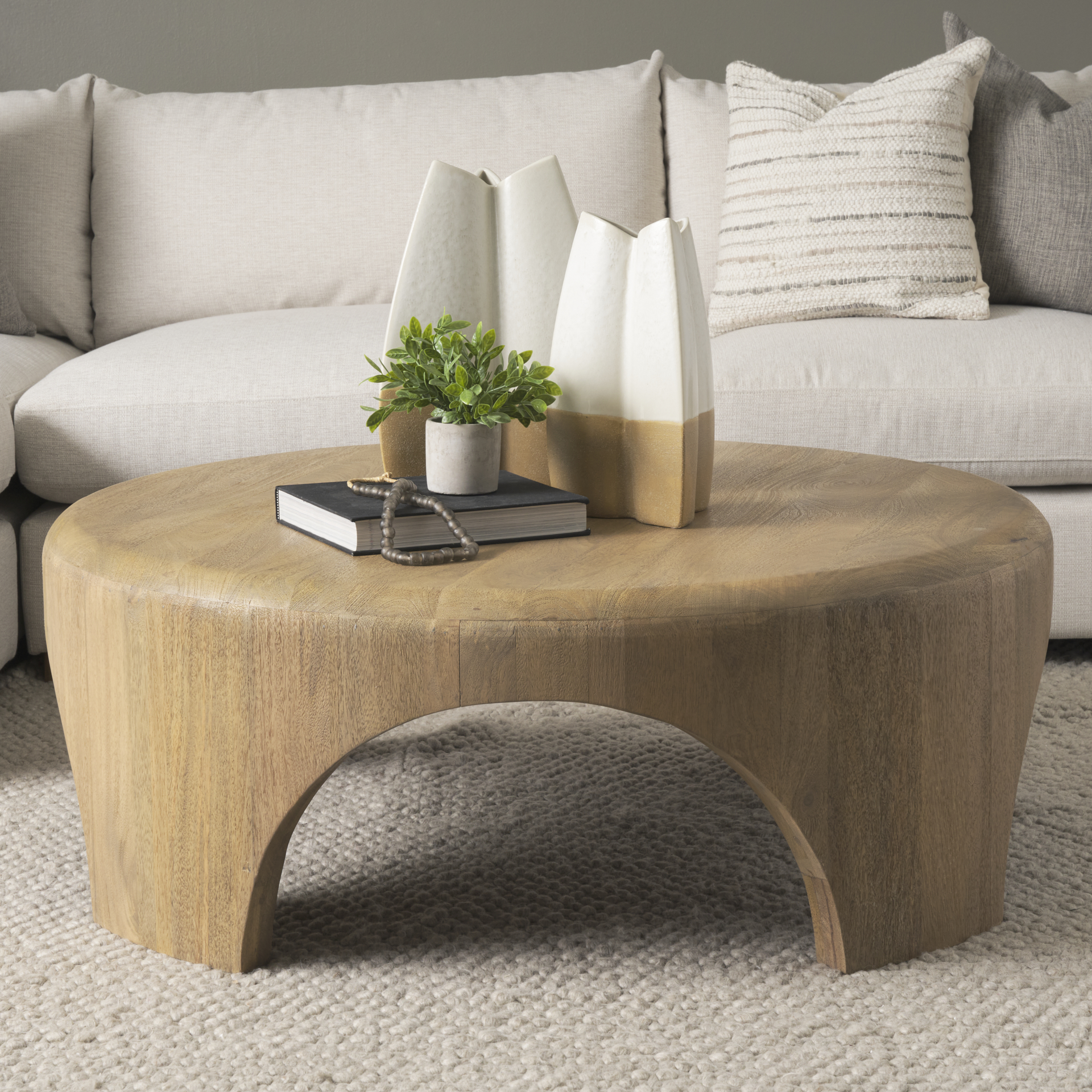Shima Round Light Brown Wood W/Arched Legs Coffee Table