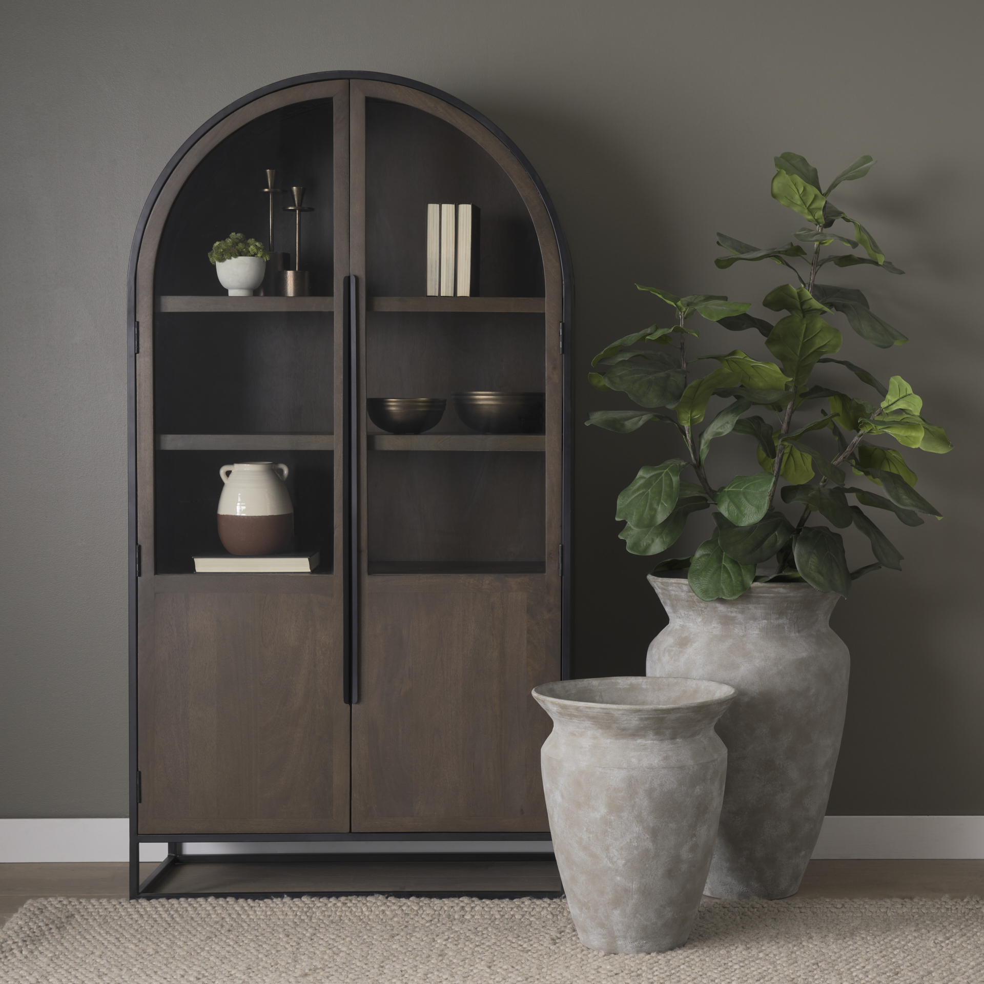 Sloan 80.5H Dark Brown Wood W/Black Metal Arched Curio Cabinet