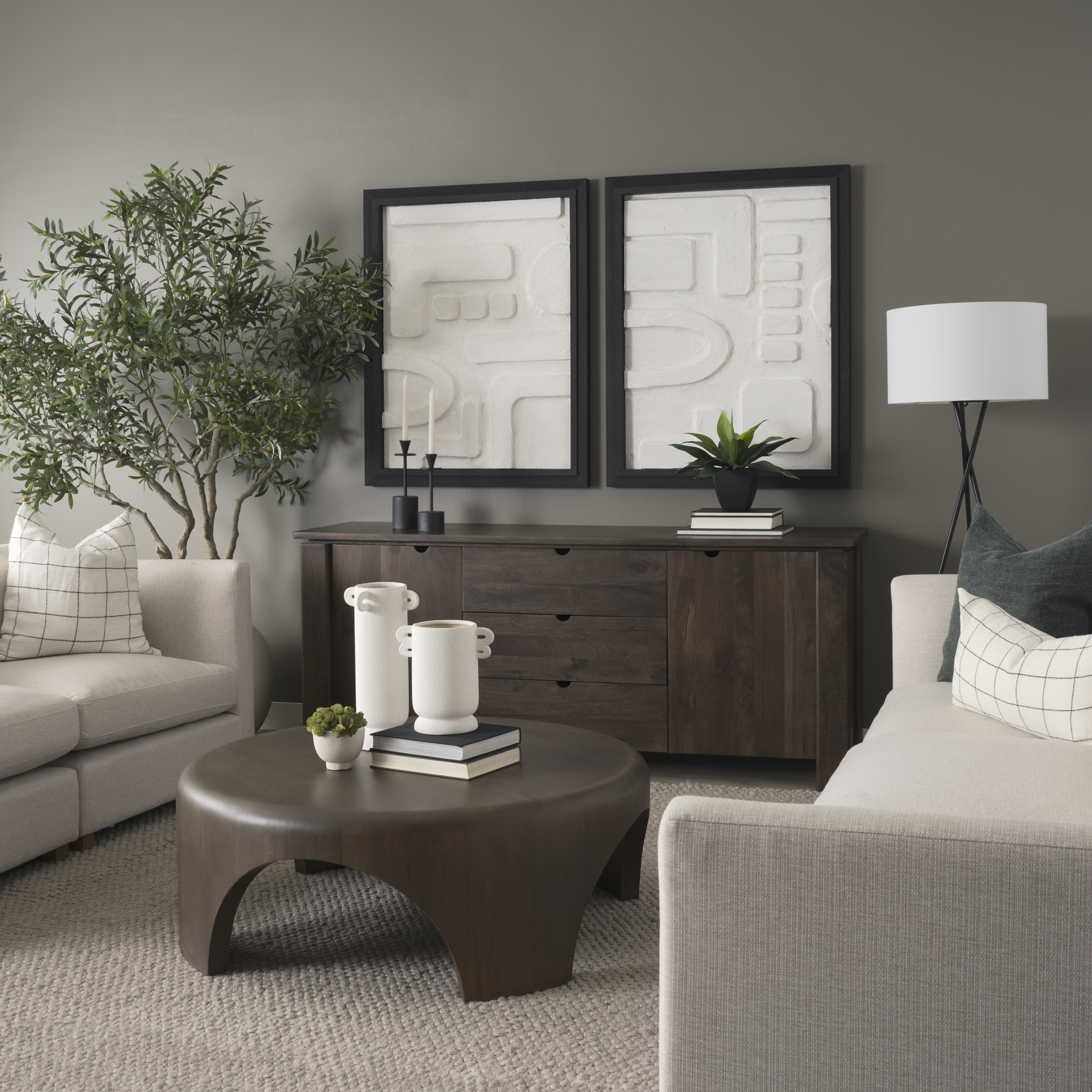 shima round dark brown wood w/arched legs coffee table
