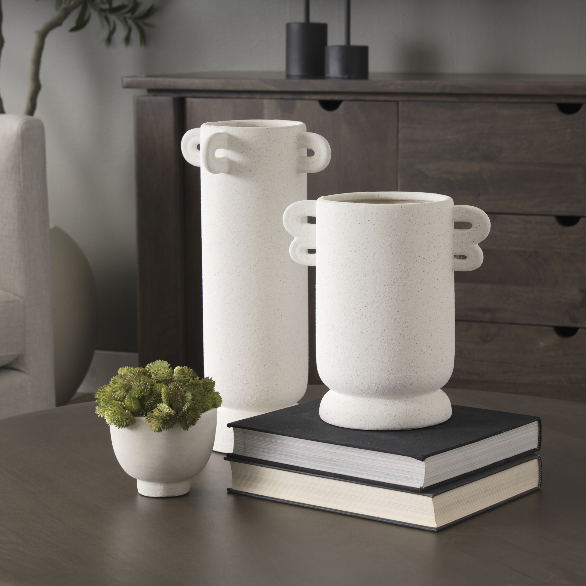 dylan small textured off white w/ handles ceramic vase