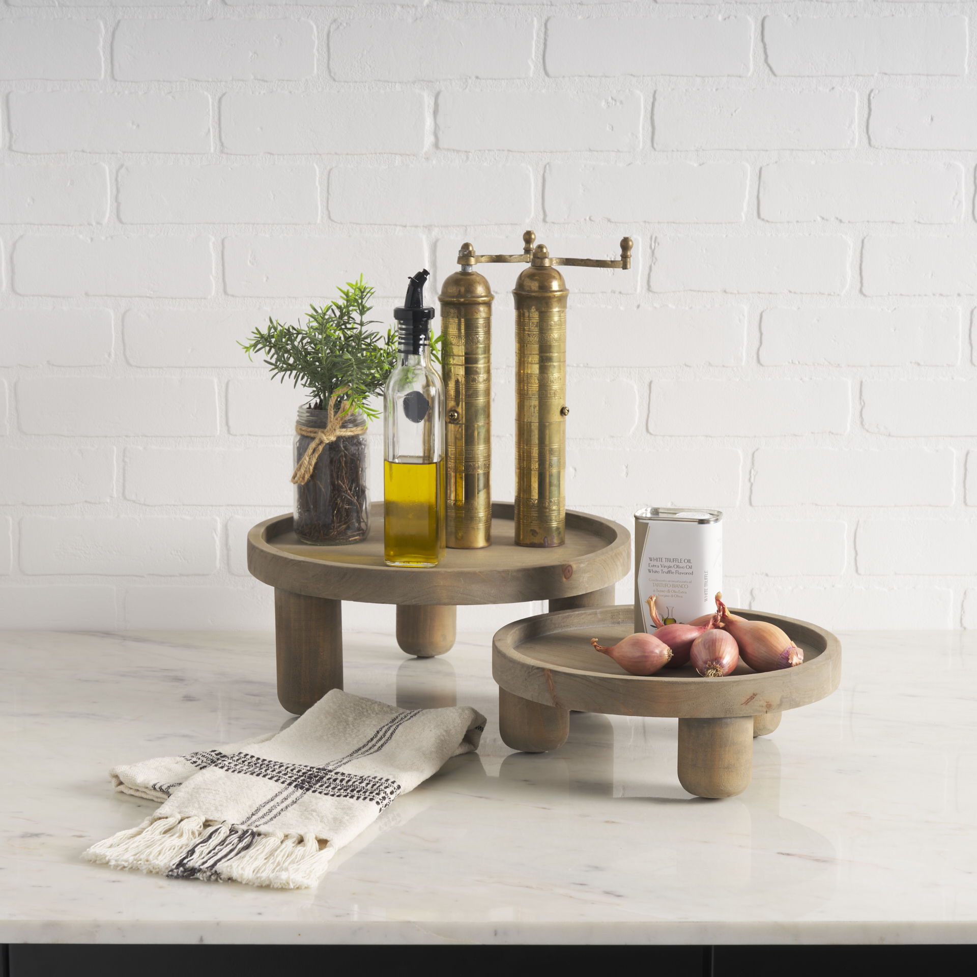 virve round light brown wood w/ gray wash wooden trays