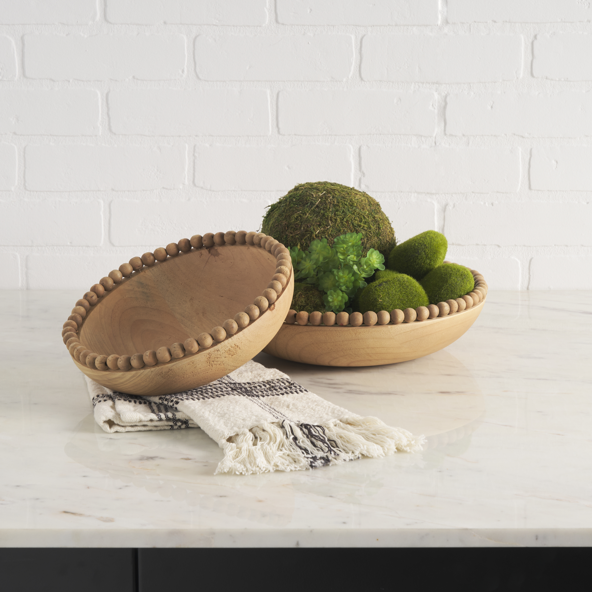 wendell light brown wood w/ wood bead round bowls