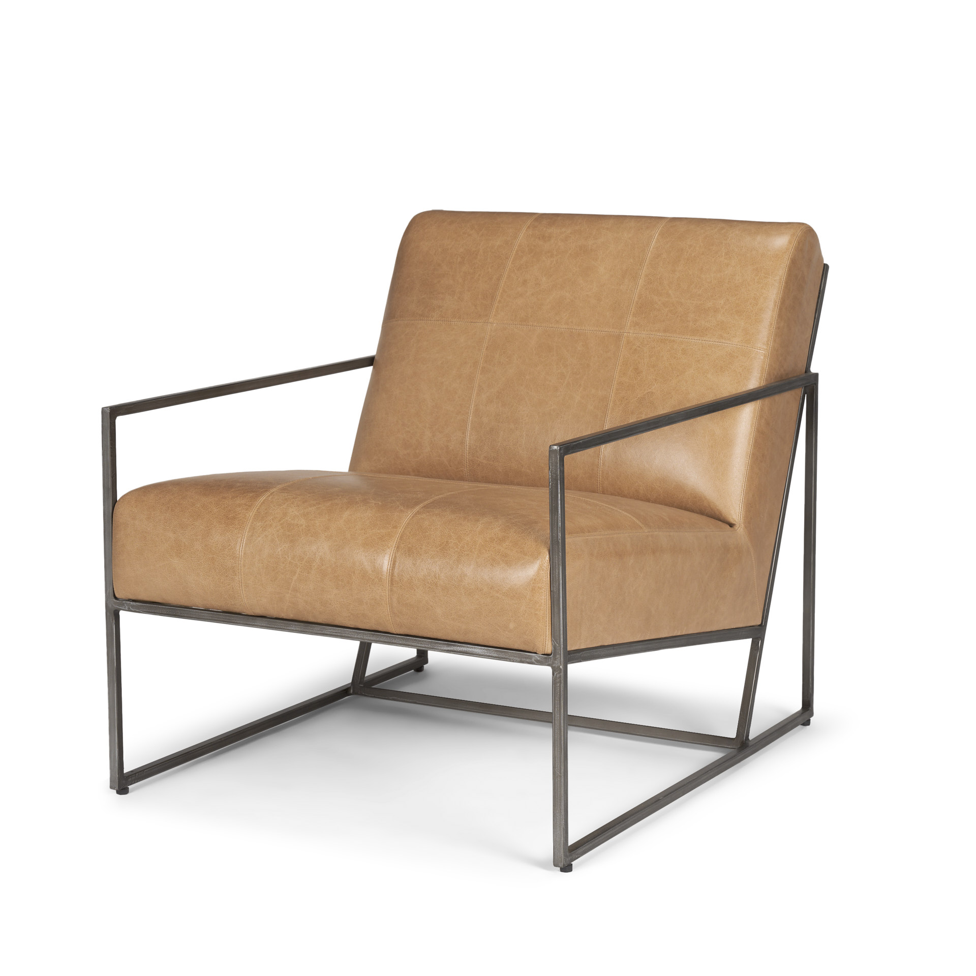 stratton gunmetal w/ genuine brown leather upholstered accent chair