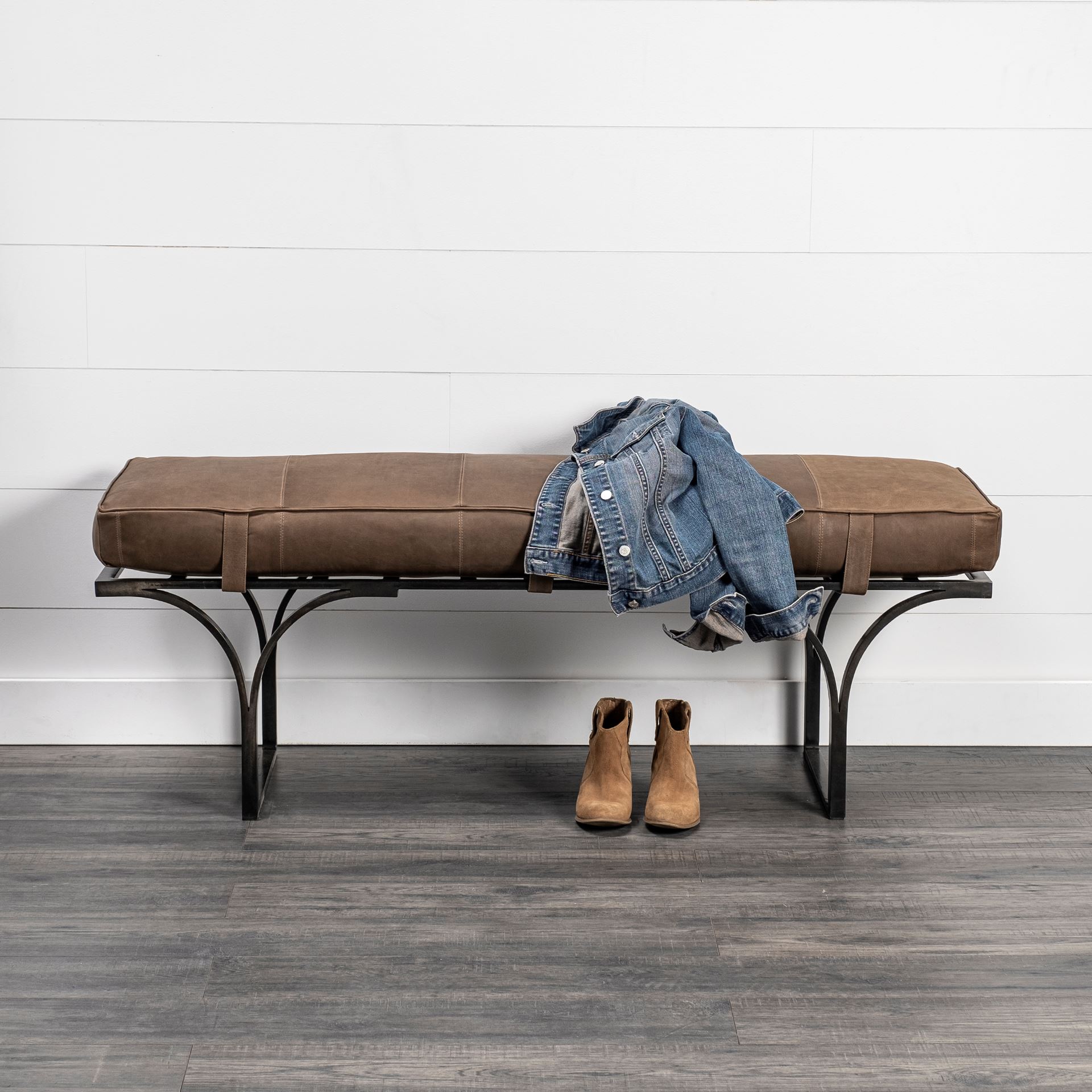 jessie 55l x 16w brown leather seat w/black metal base accent bench