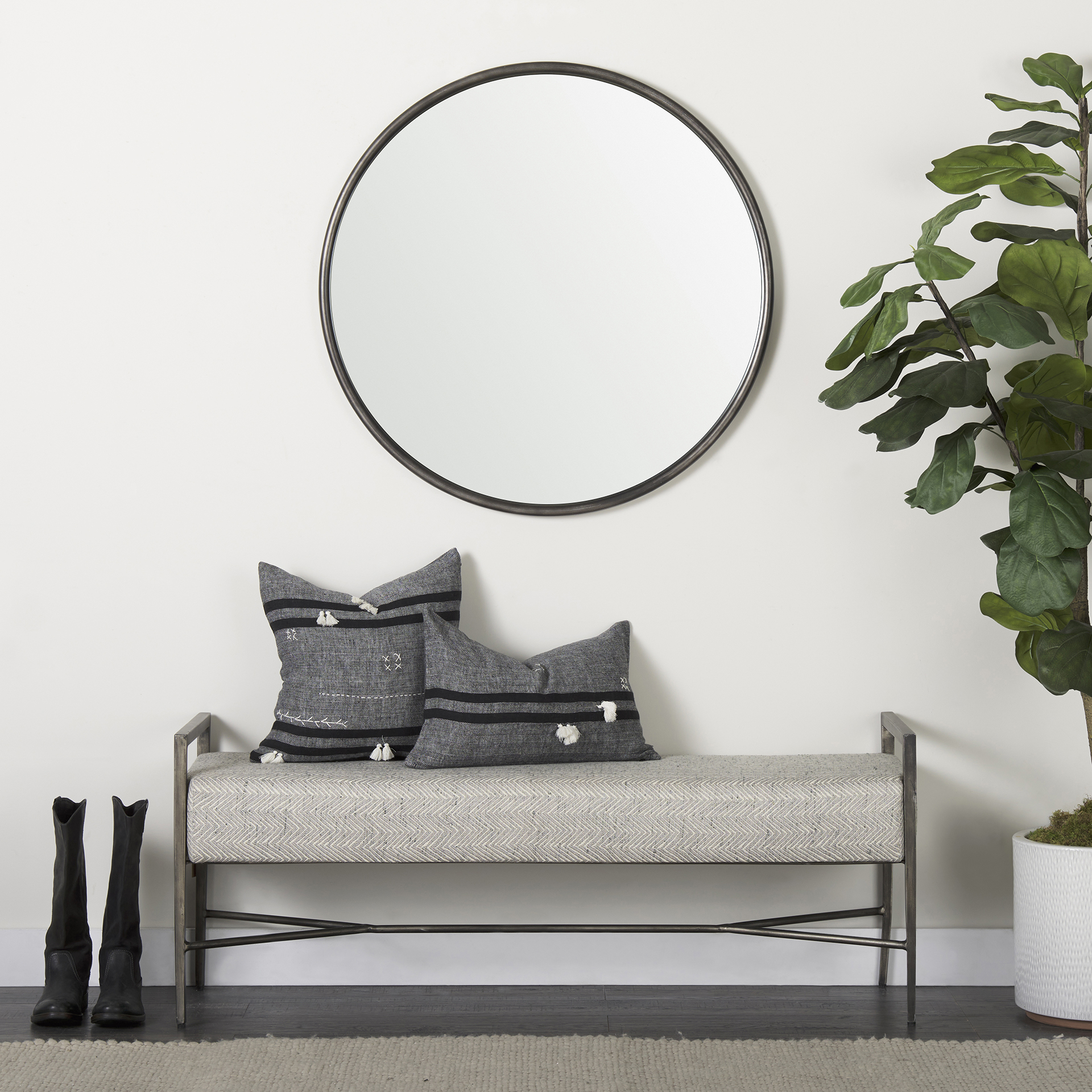charlotte 55.0l gray herringbone fabric seat w/ antique nickel metal frame bench