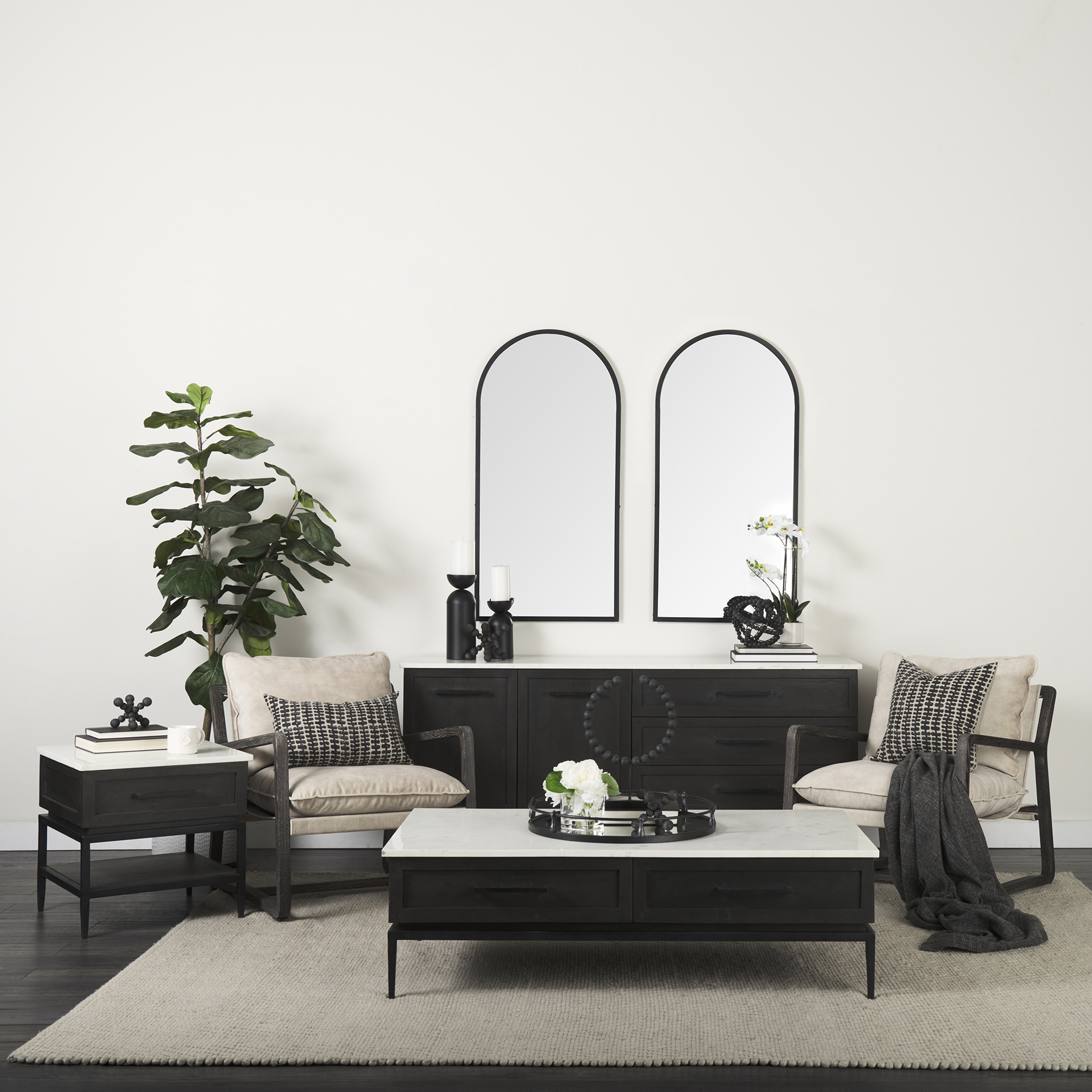 divina black-brown wood w/ white marble top and black metal base sideboard