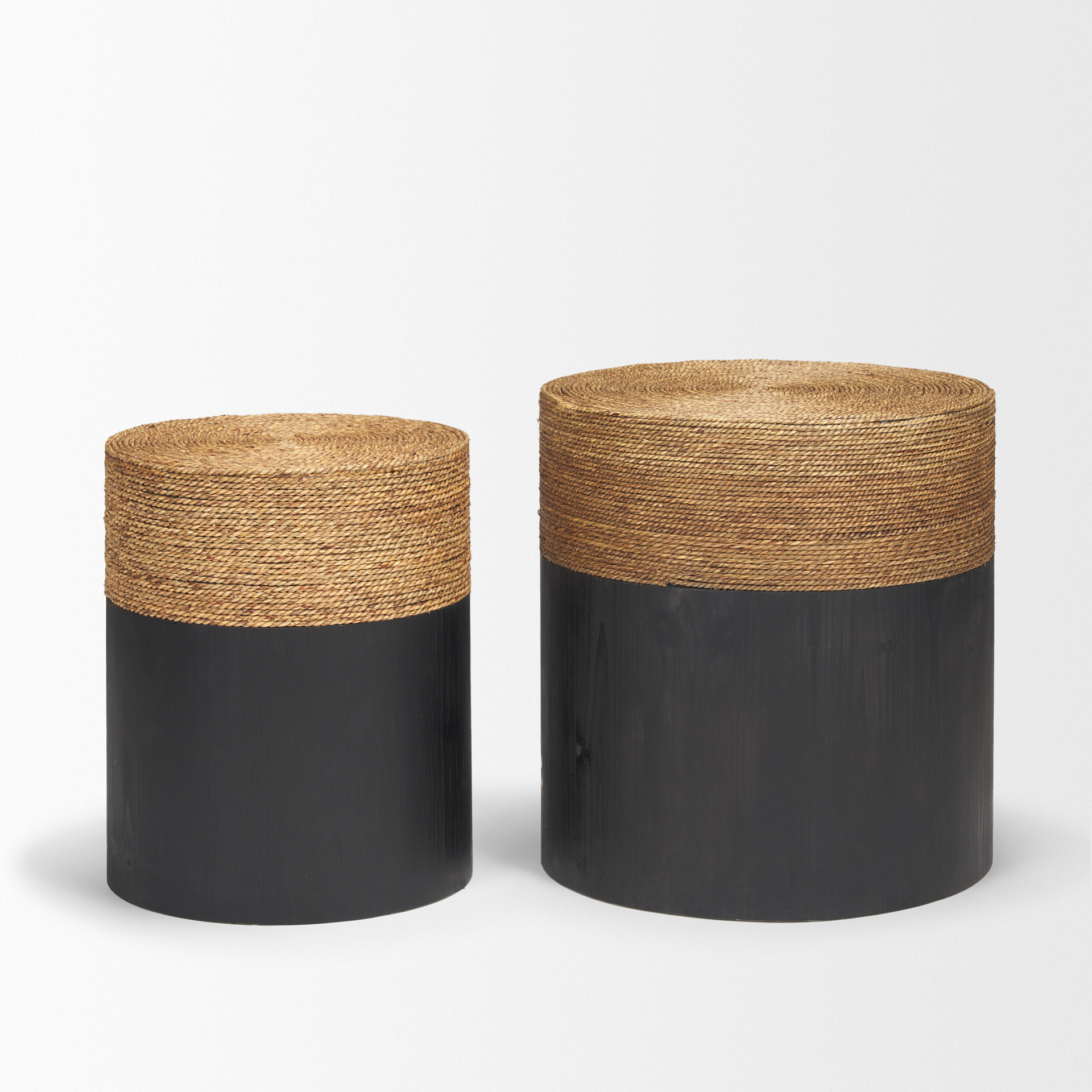 wenopa matte black wood w/ natural jute accent tables