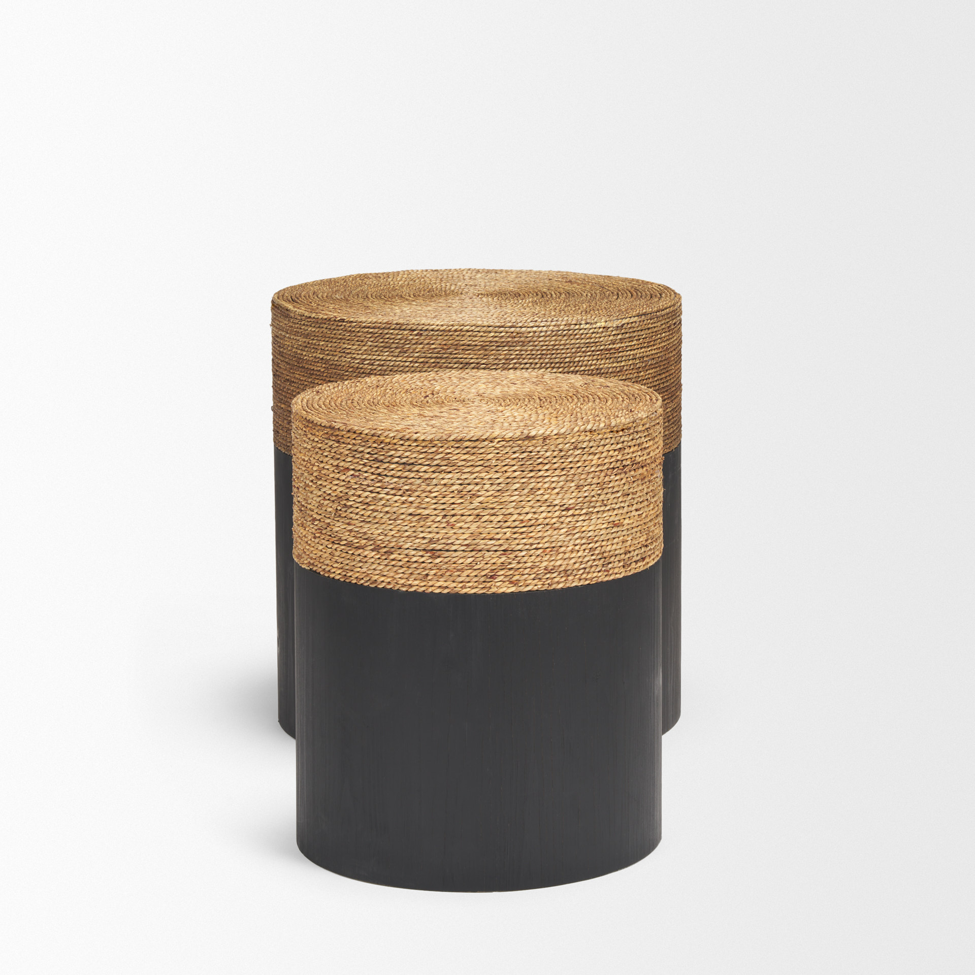 wenopa matte black wood w/ natural jute accent tables