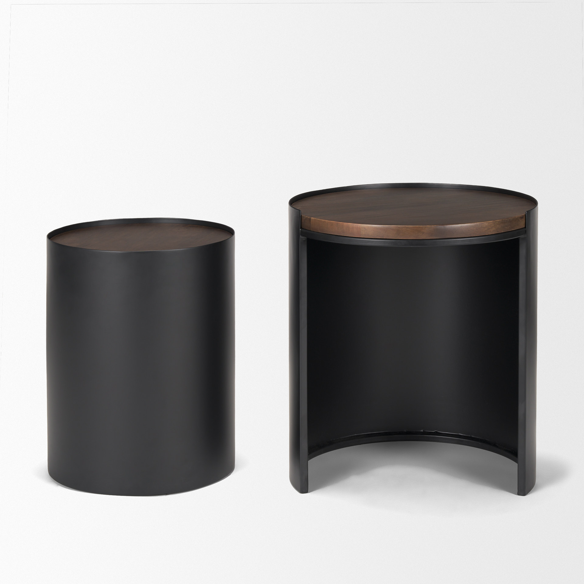 varden matte black metal w/ dark brown wood top nesting accent tables