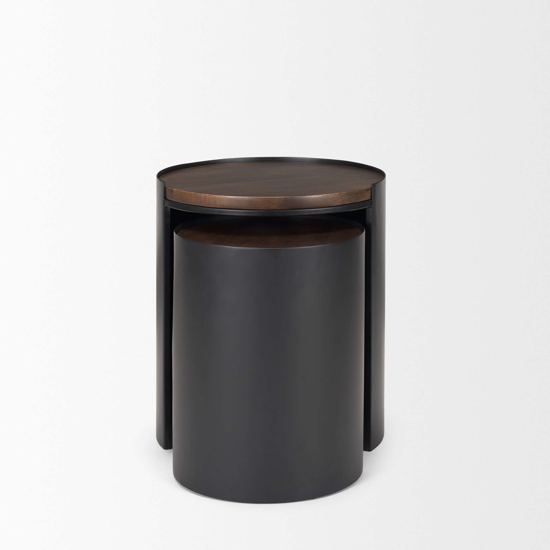 varden matte black metal w/ dark brown wood top nesting accent tables