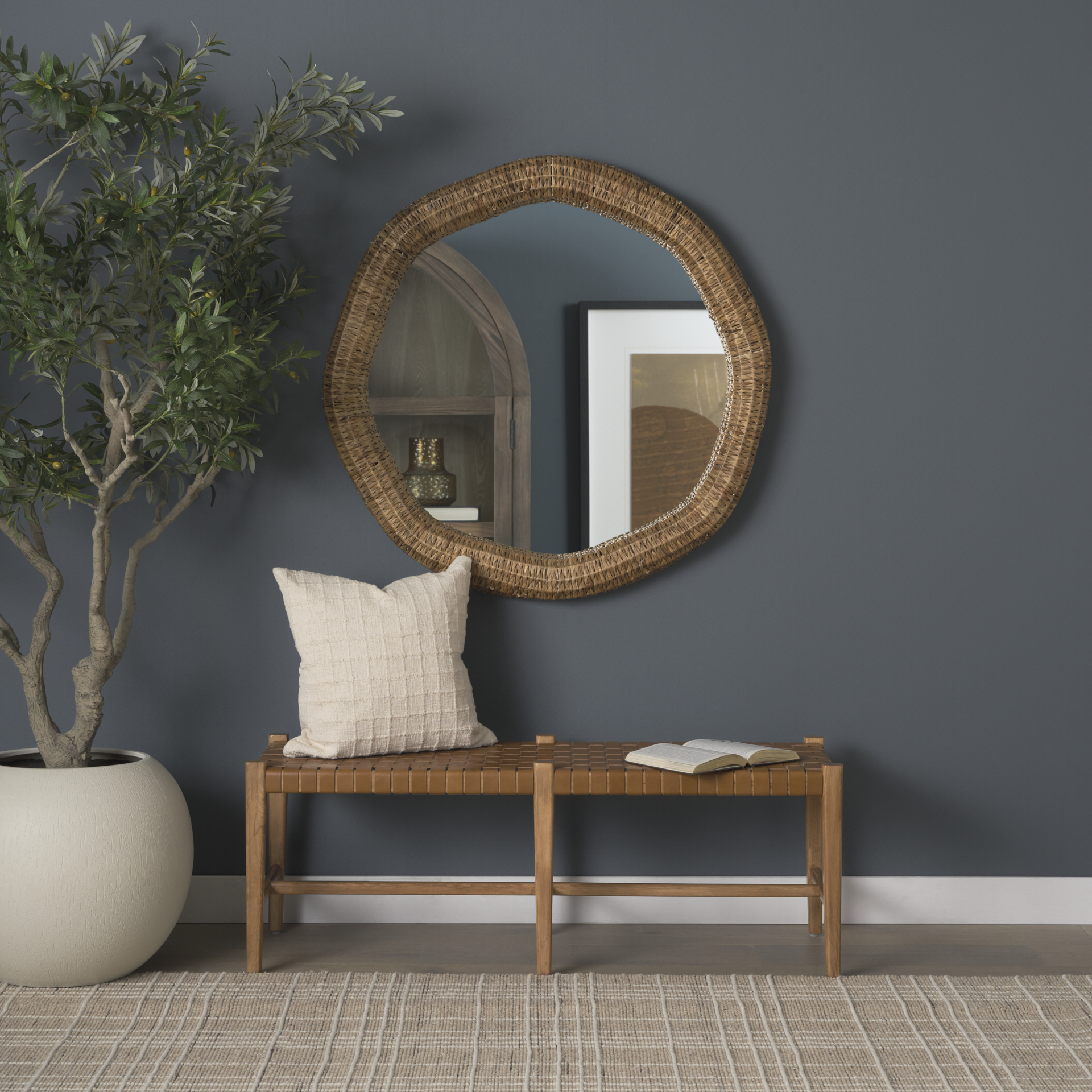 Shane Brown Wood w/ Woven Brown Leather Bench