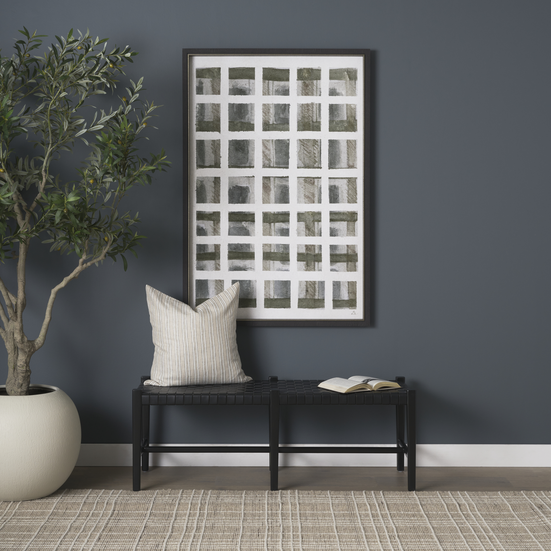 shane black wood w/ woven black leather bench
