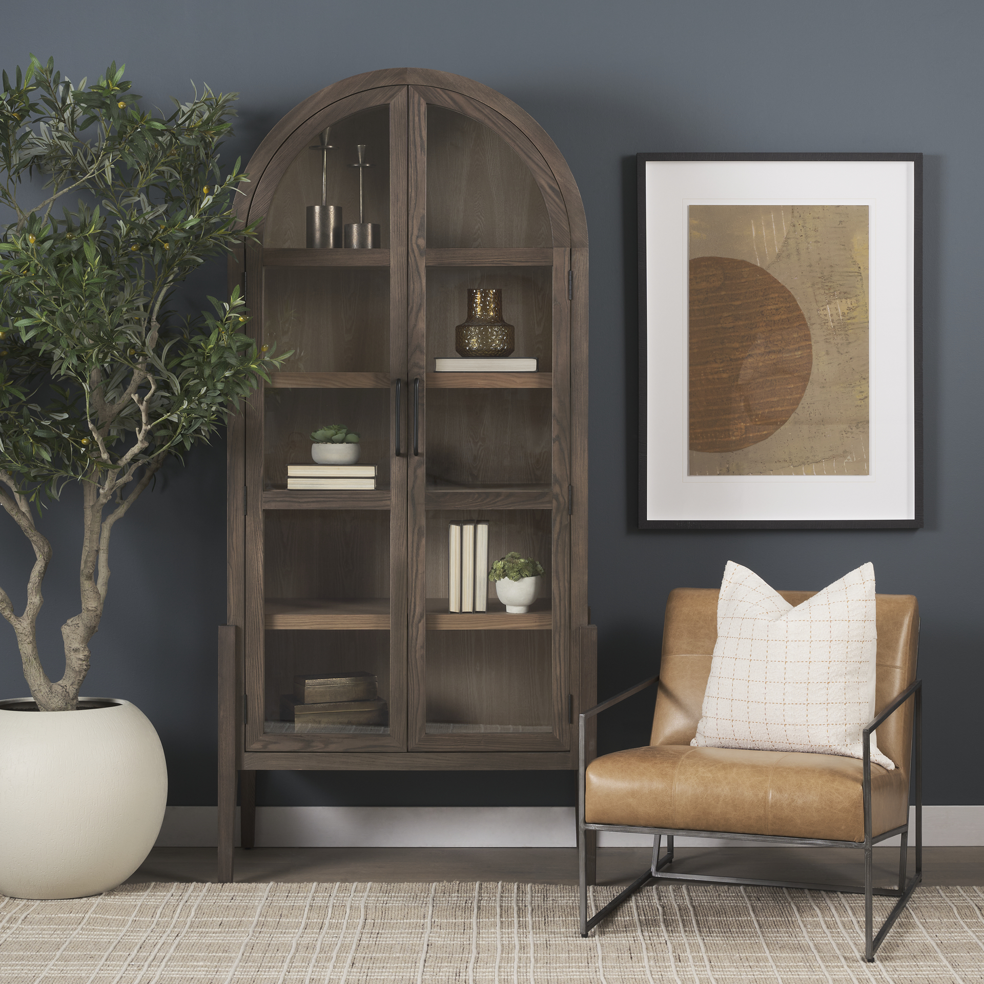 teva two toned dark w/light wood arched curio cabinet