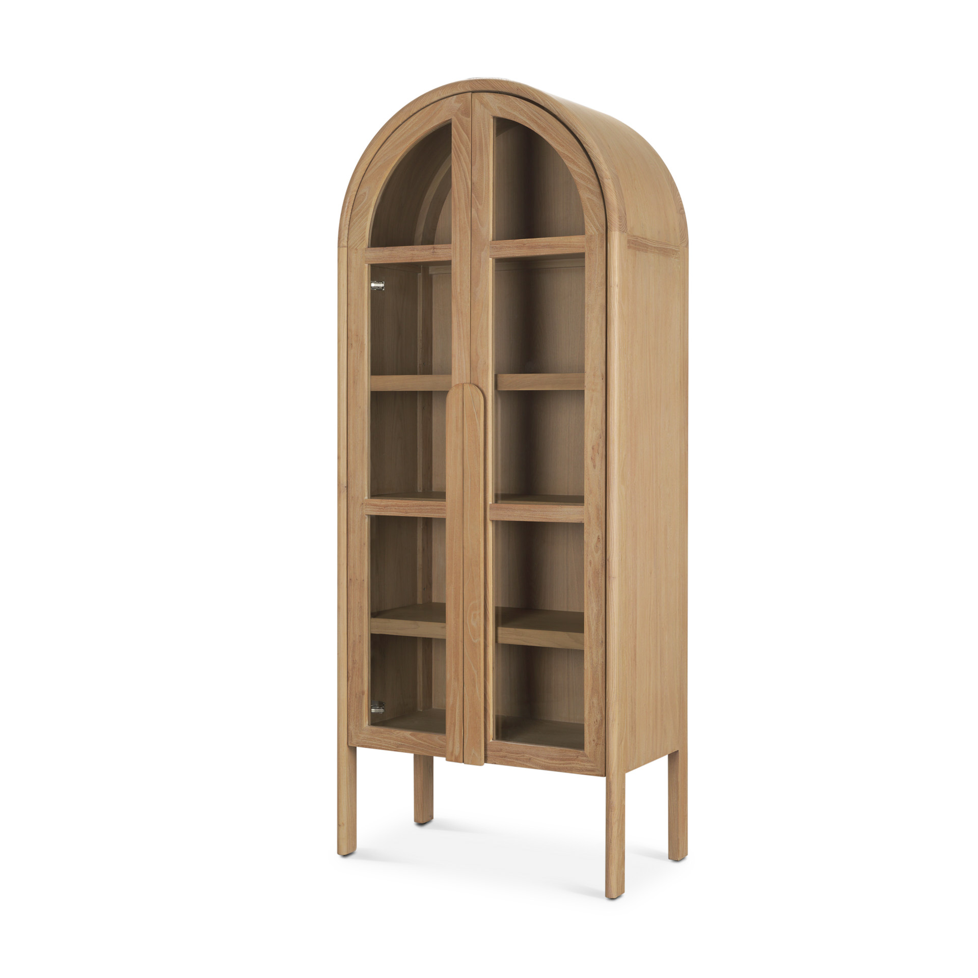 callum light brown elm wood w/ glass doors arched curio cabinet