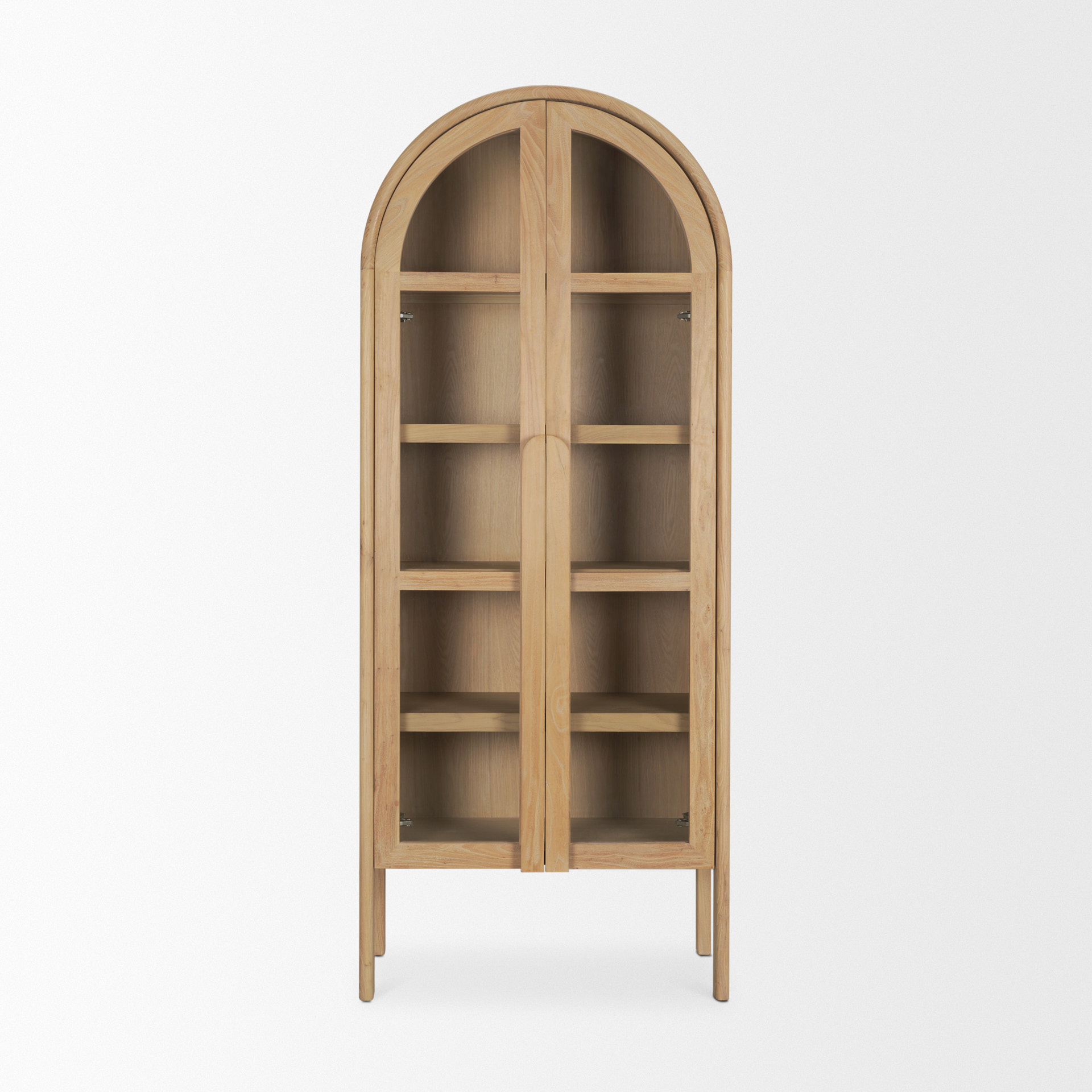 callum light brown elm wood w/ glass doors arched curio cabinet