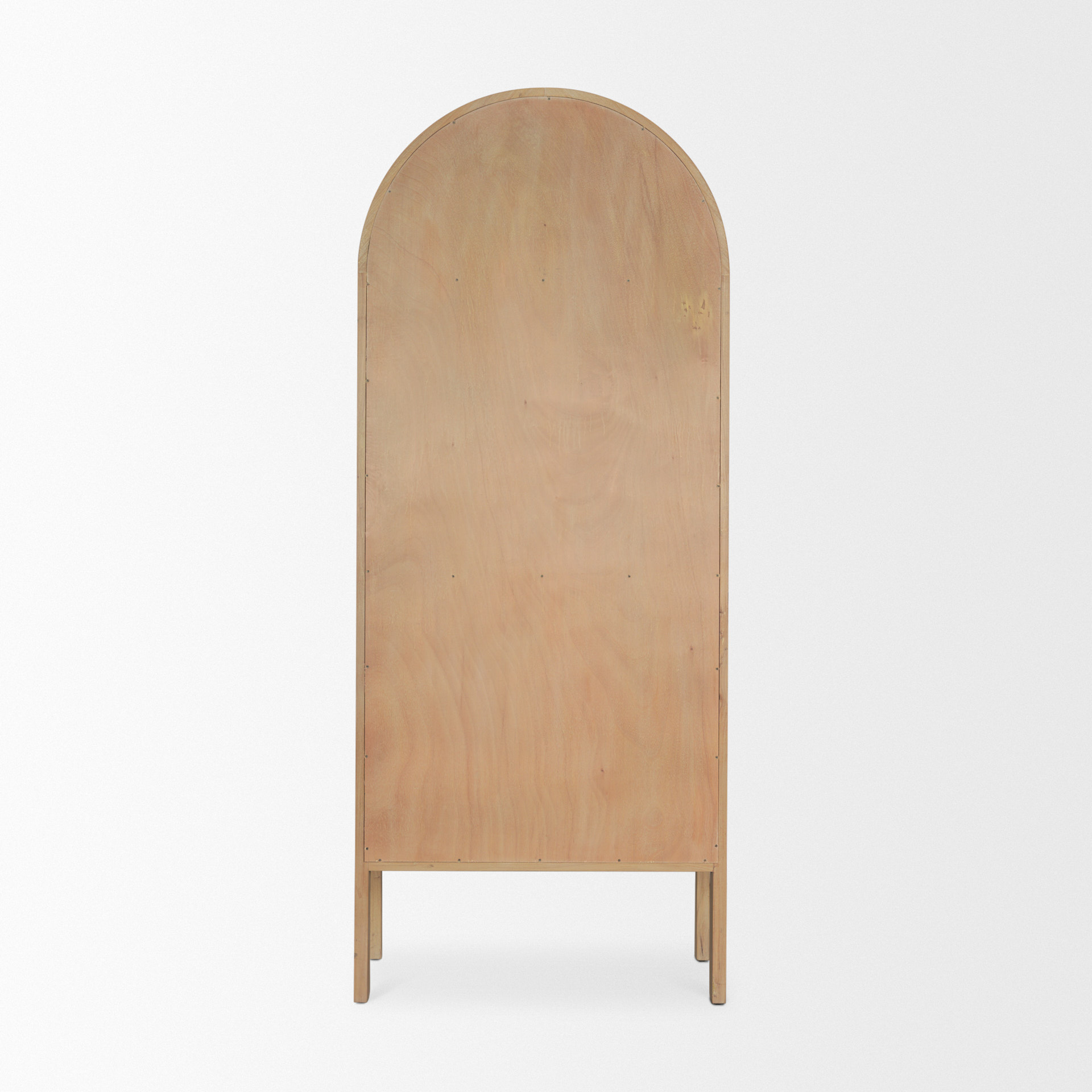 callum light brown elm wood w/ glass doors arched curio cabinet
