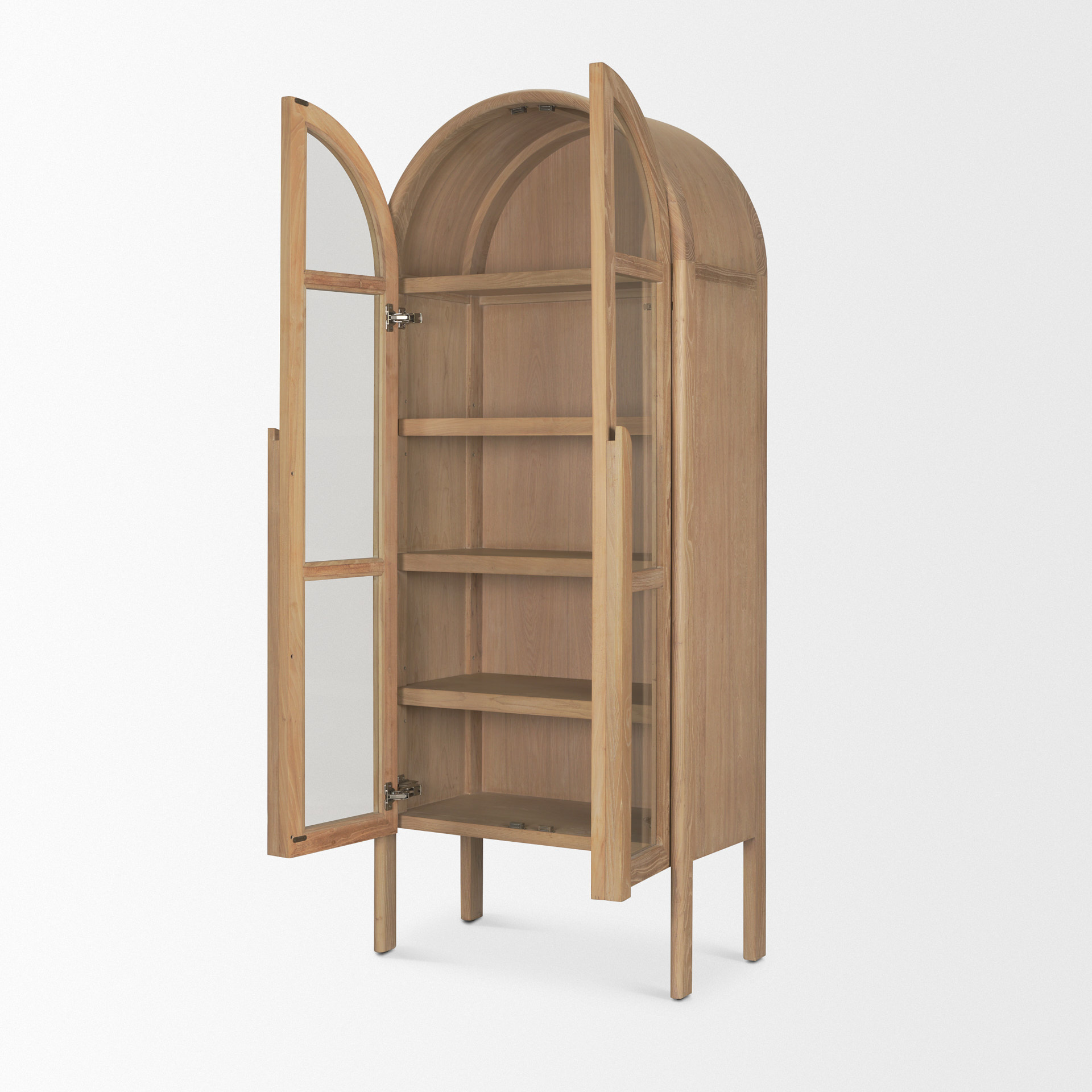callum light brown elm wood w/ glass doors arched curio cabinet