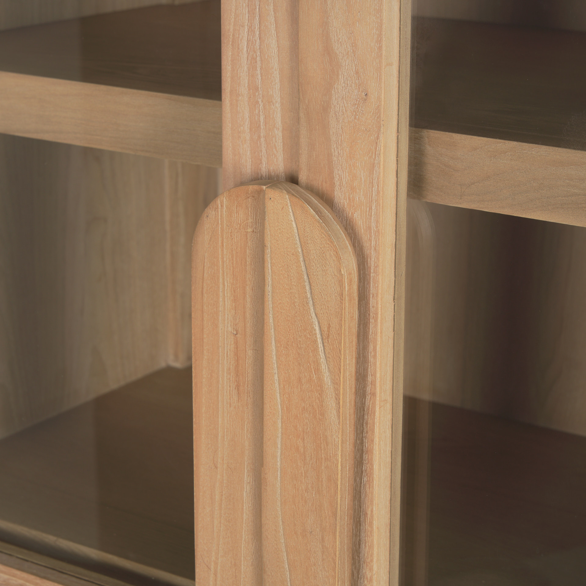 callum light brown elm wood w/ glass doors arched curio cabinet