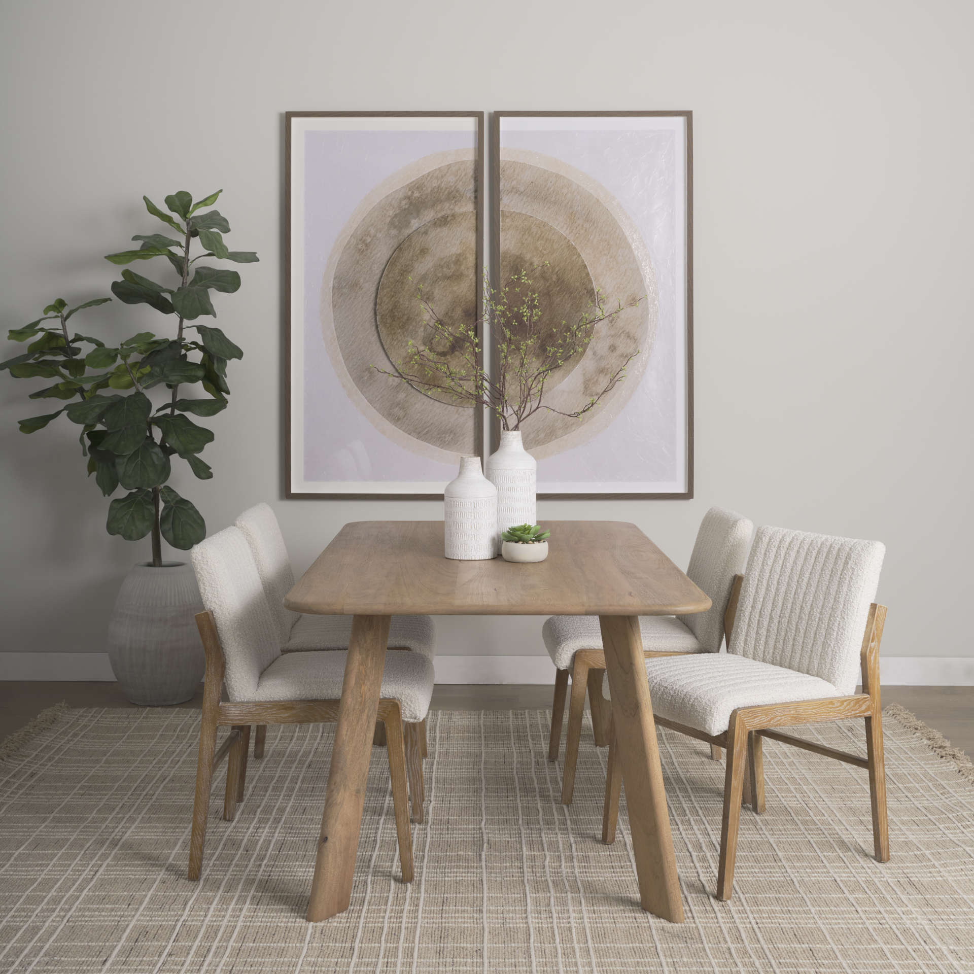 tahoe cream boucle upholstered and light brown wood armless dining chair