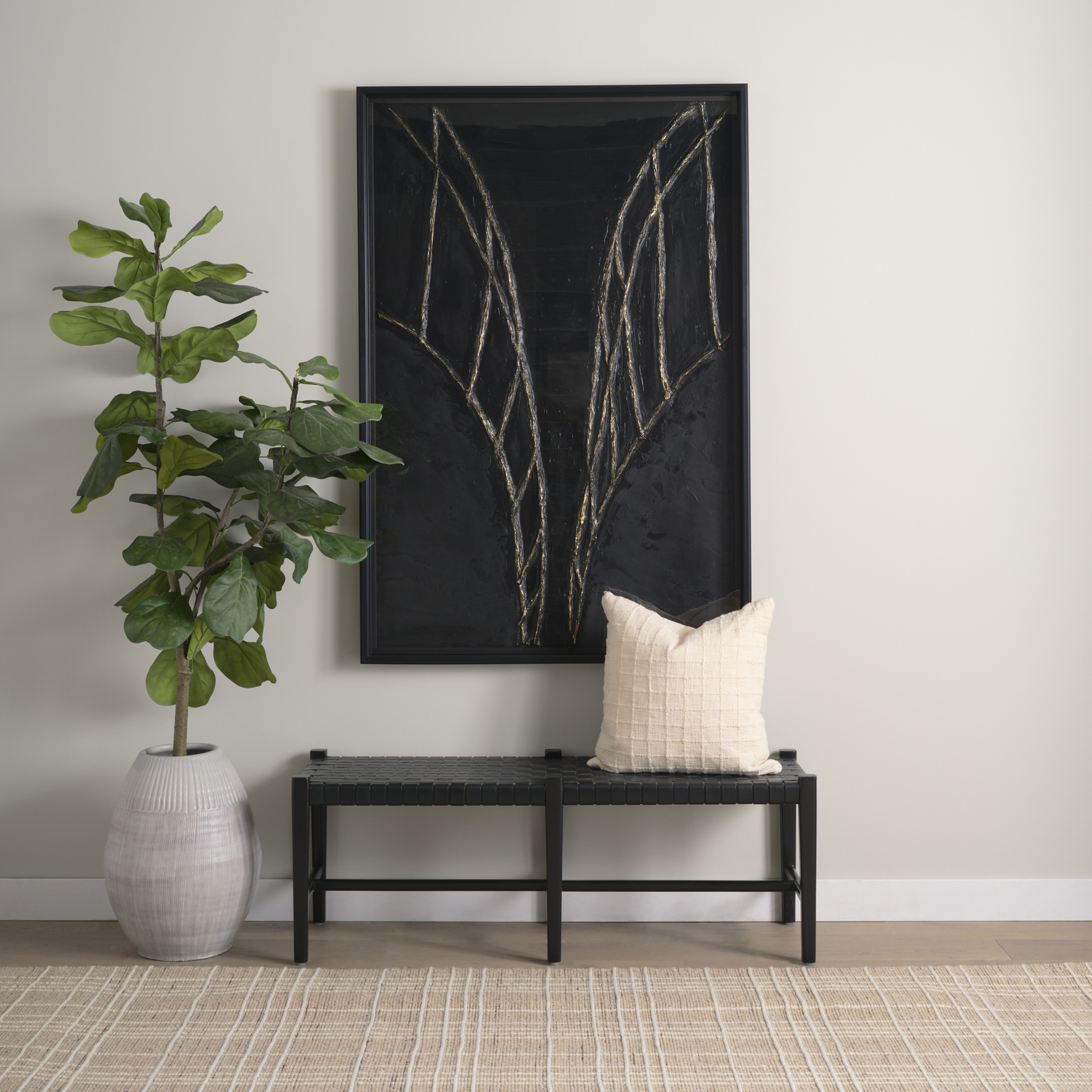 shane black wood w/ woven black leather bench