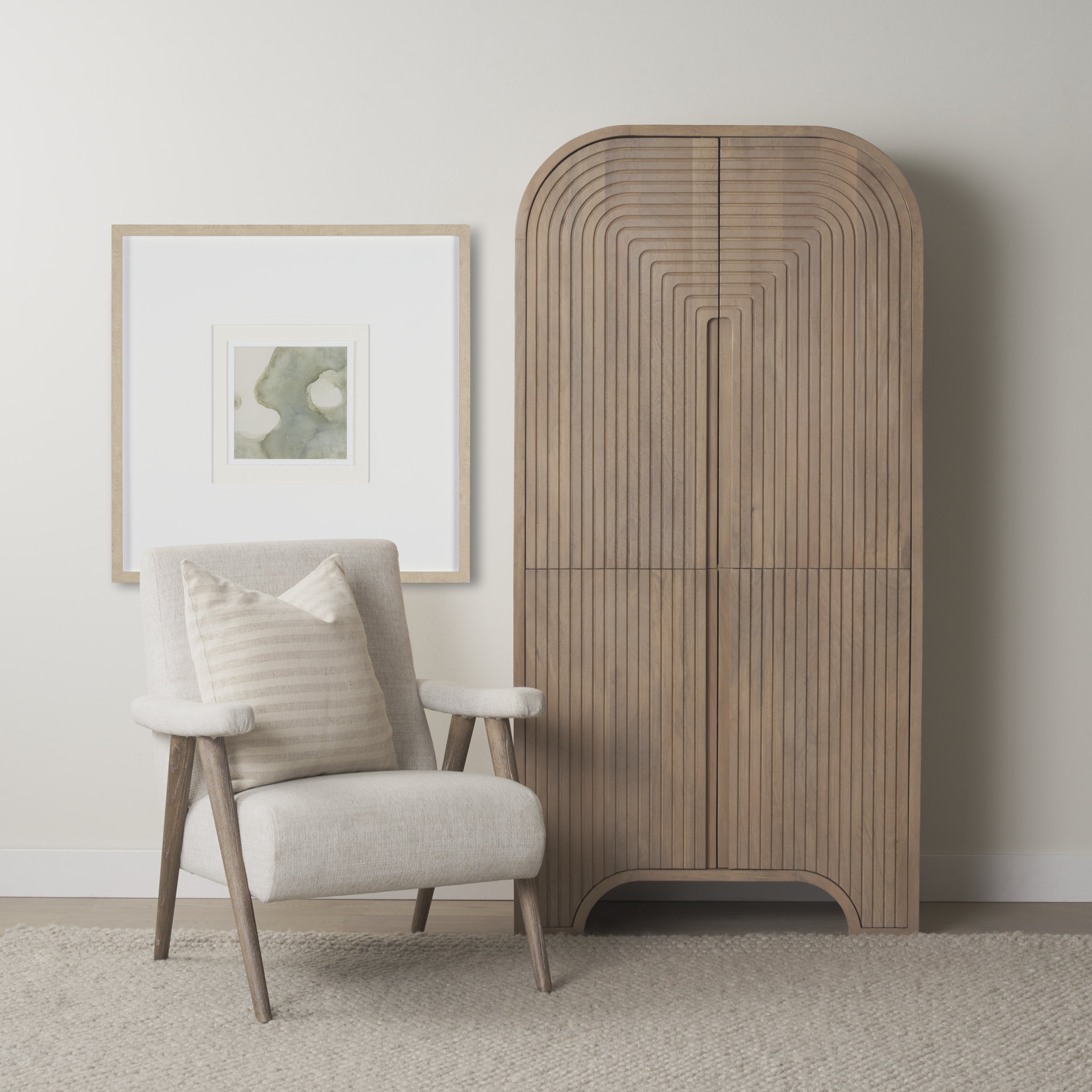 nico oatmeal upholstered w/ brown wood accent chair