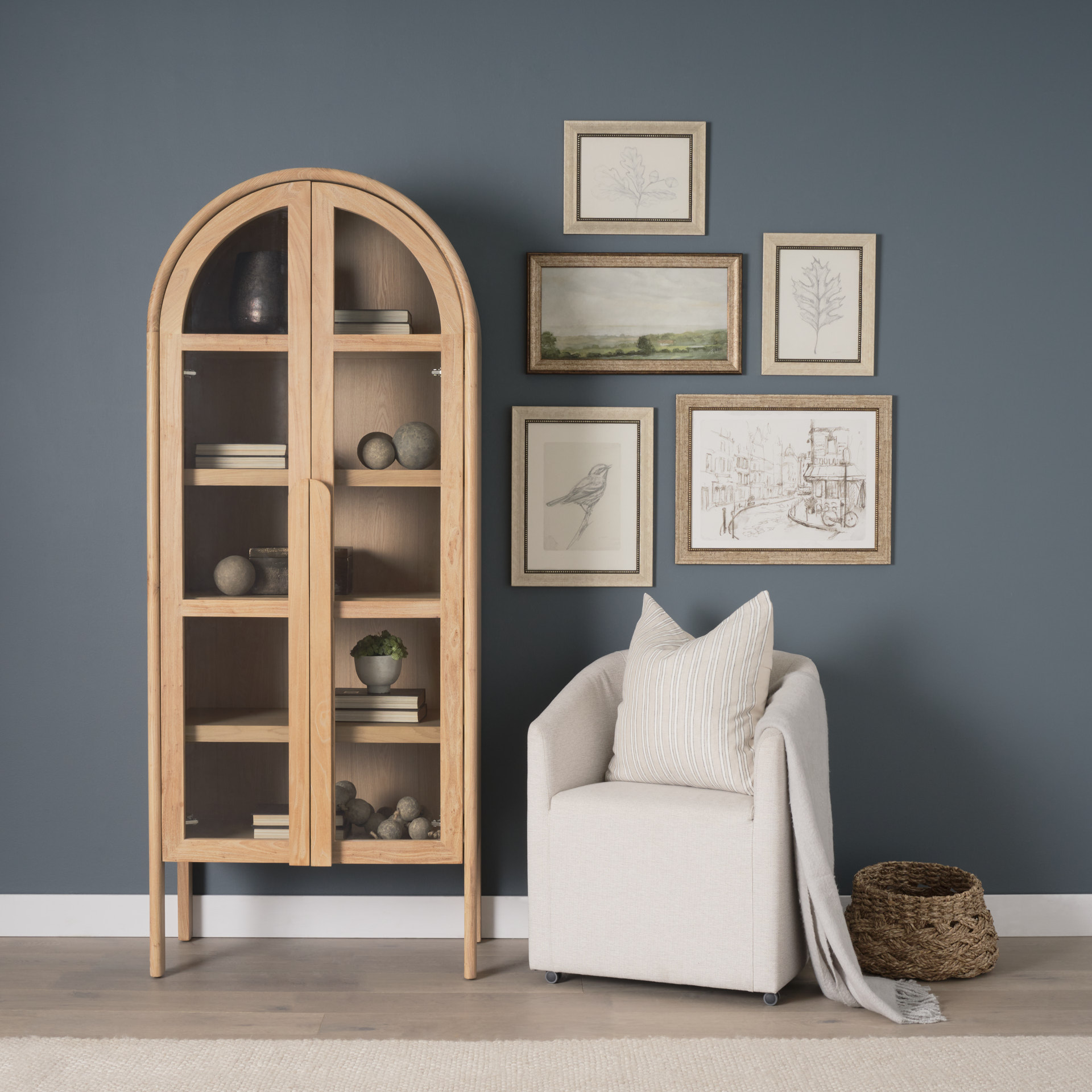 callum light brown elm wood w/ glass doors arched curio cabinet