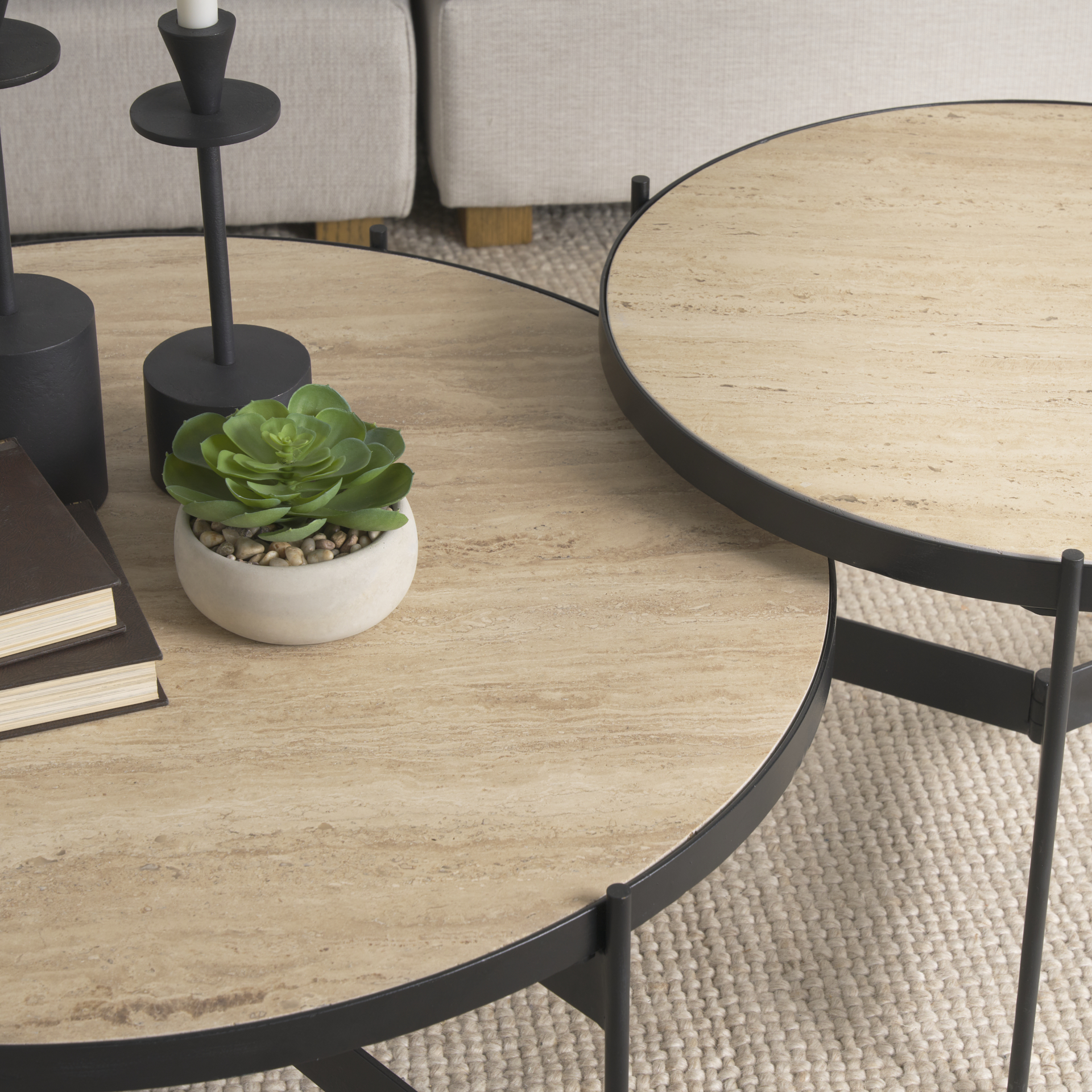 wade travertine marble w/ matte black metal coffee tables