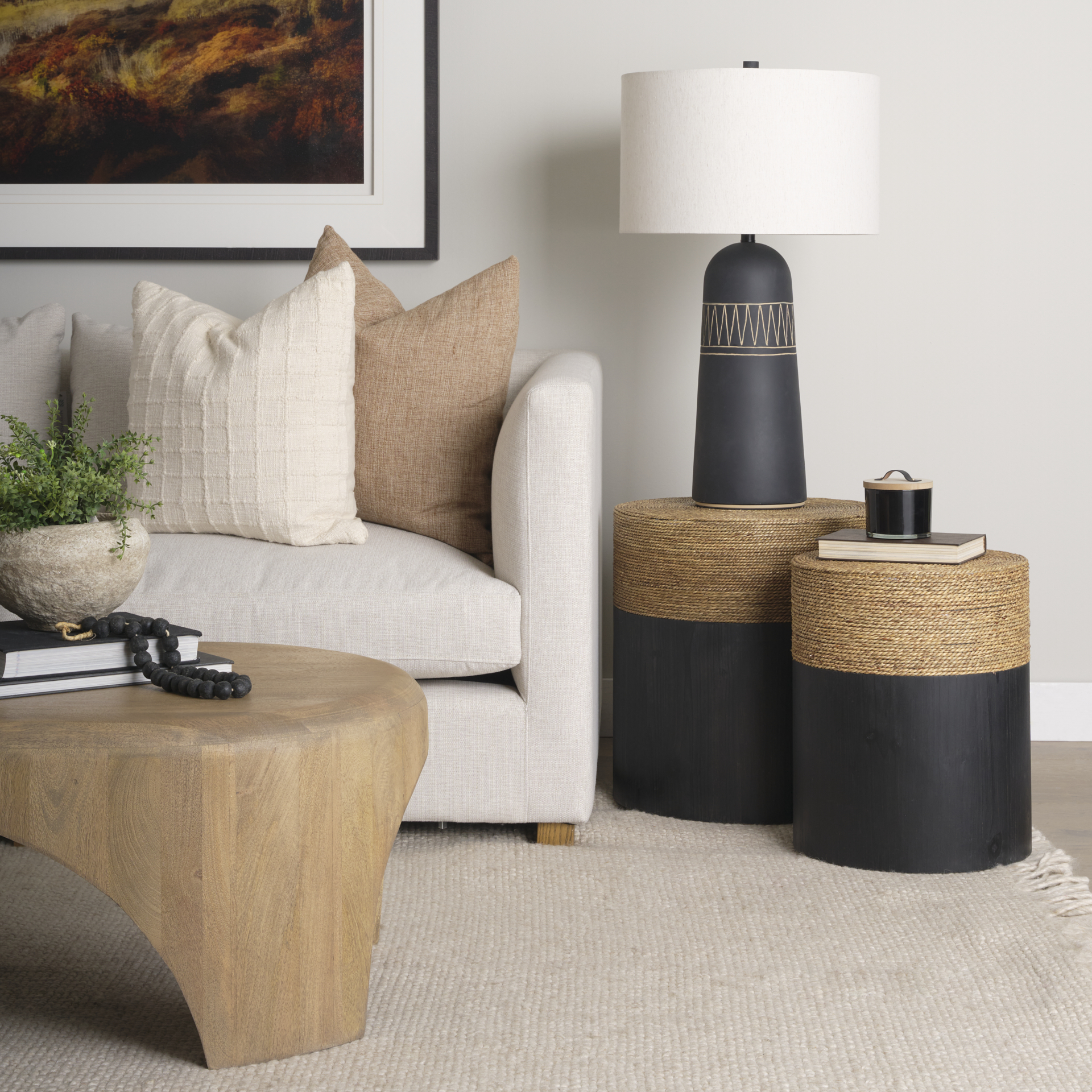 wenopa matte black wood w/ natural jute accent tables