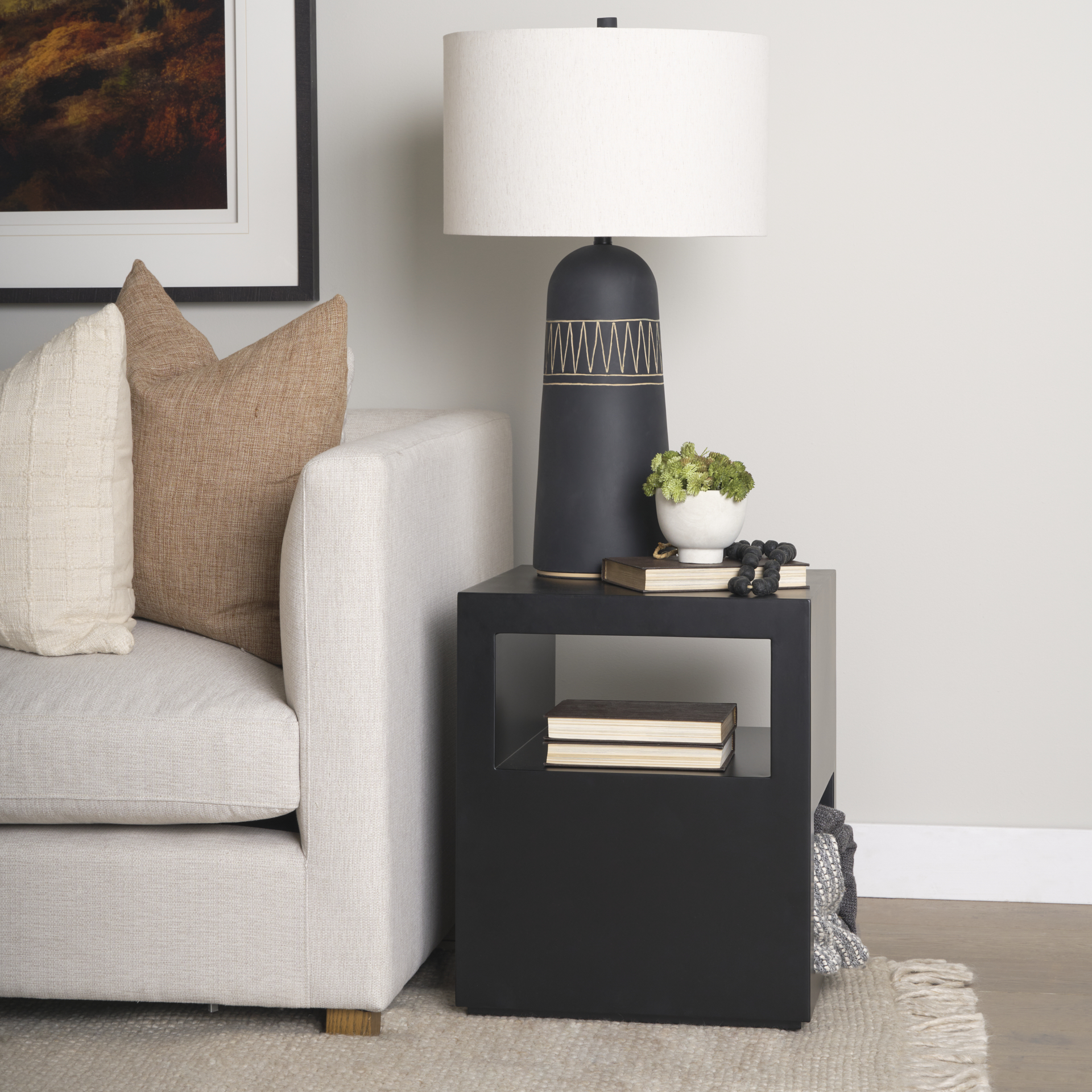 vondra matte black metal w/ open shelves side table