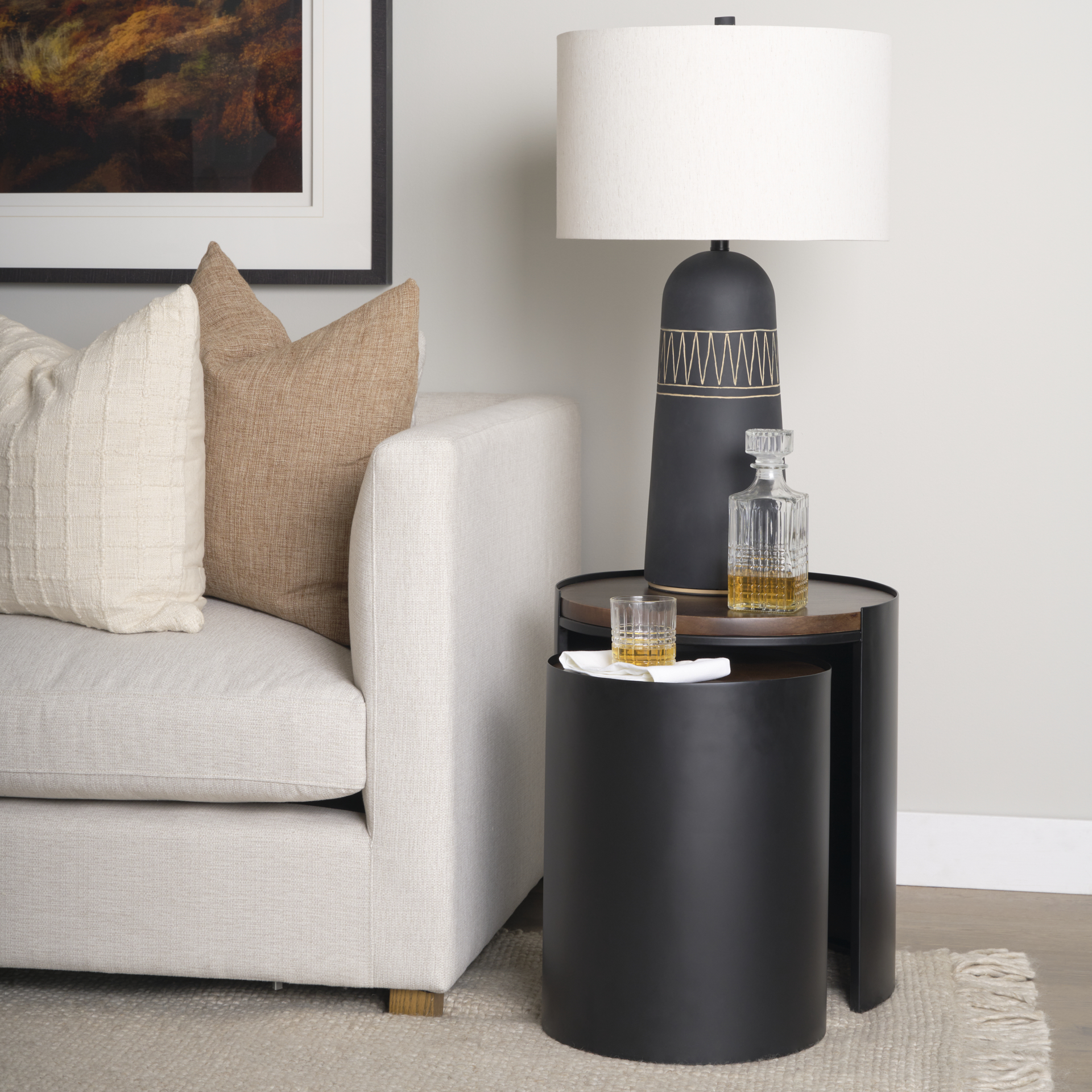 varden matte black metal w/ dark brown wood top nesting accent tables