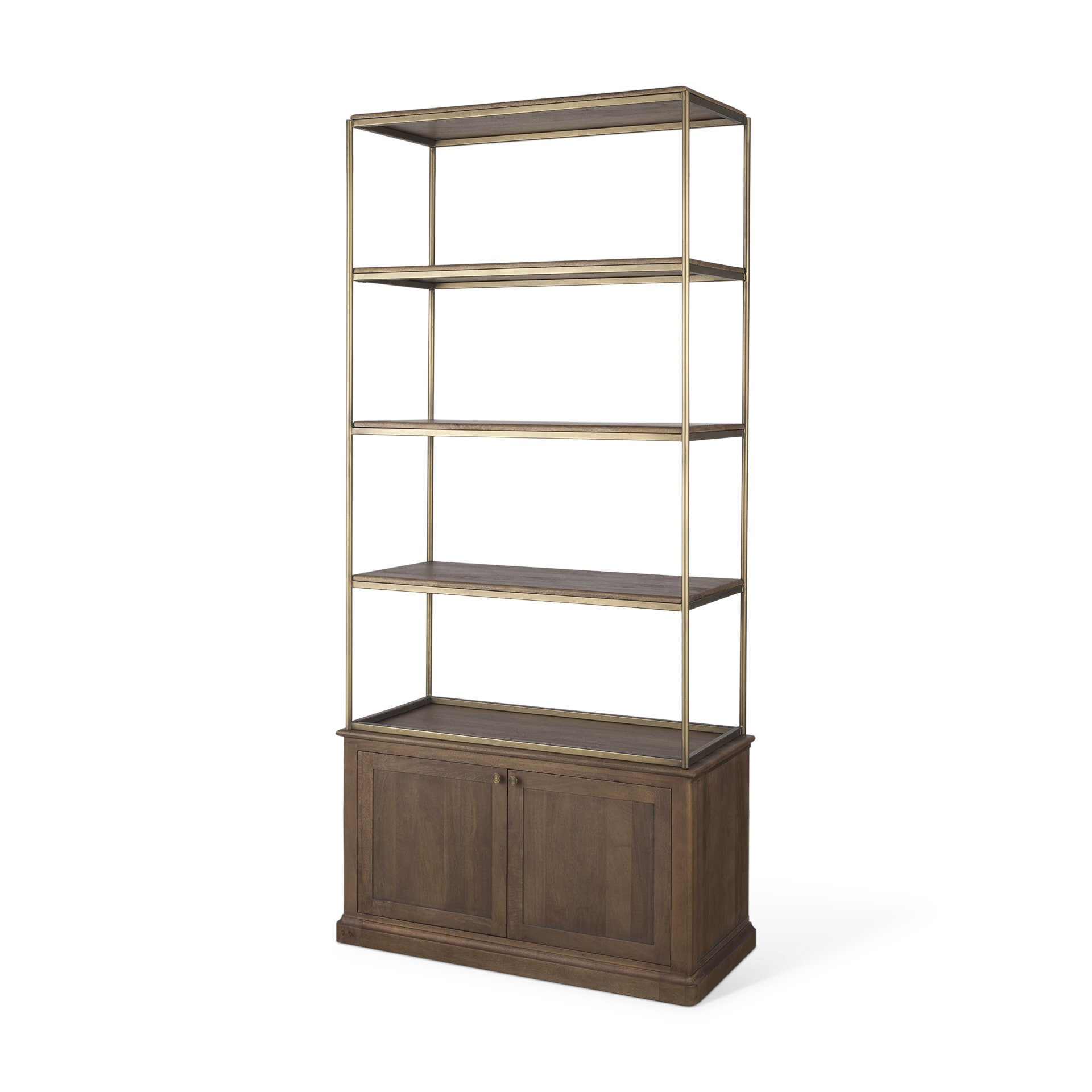 braxton dark brown wood w/ antiqued aged brass metal 3 tiers 2 door shelving unit